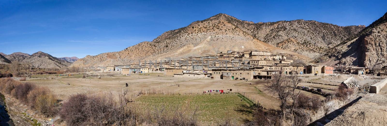 Small Moroccan berber village  in the High Atlas Mountains  in Morocco. Very Large panorama view