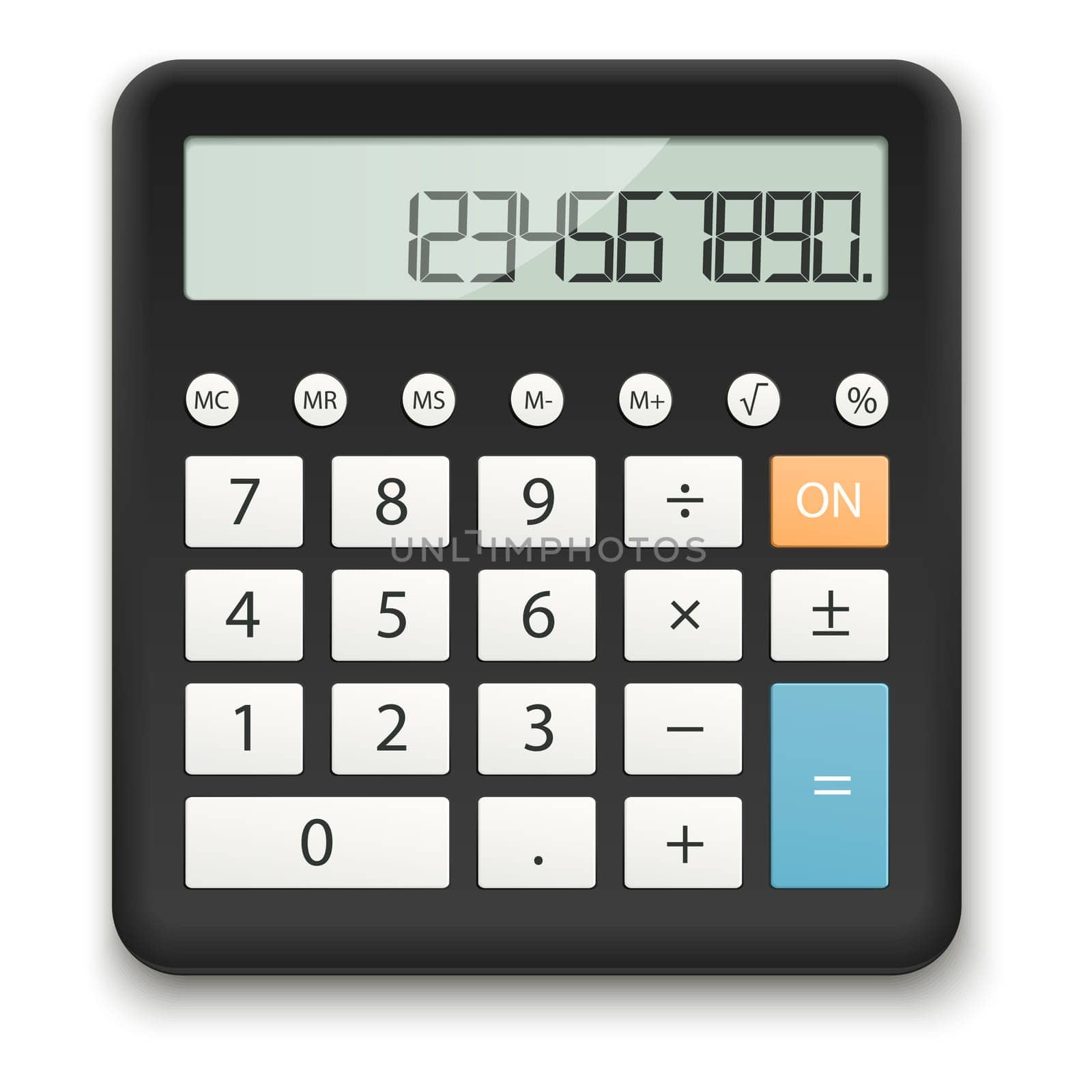 black calculator with standard calculations on white background