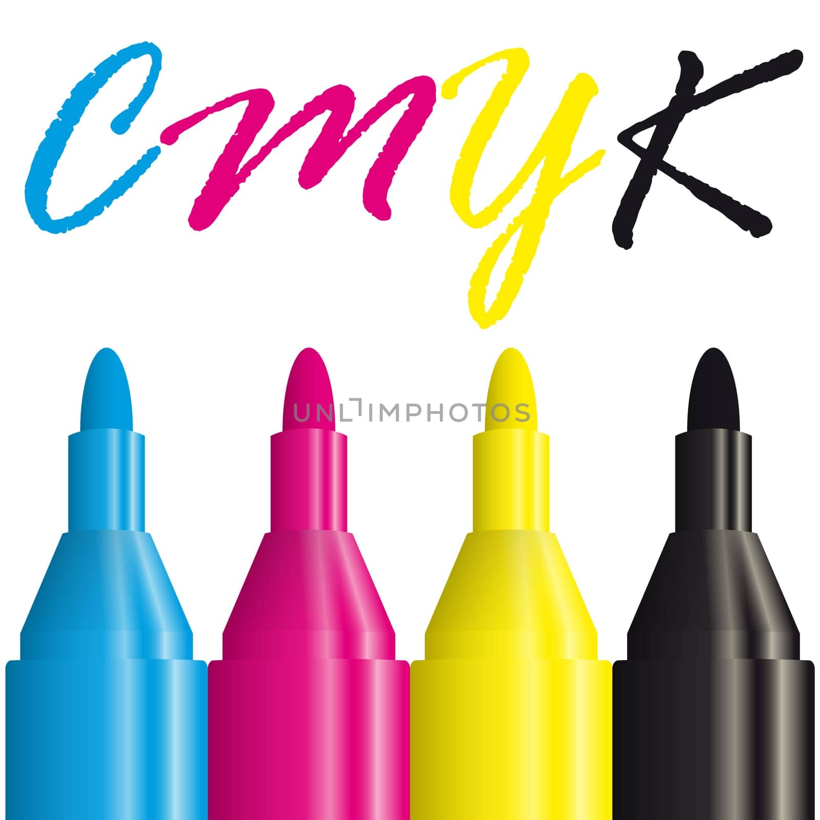 four highlighters with the CMYK color to use for print advertising