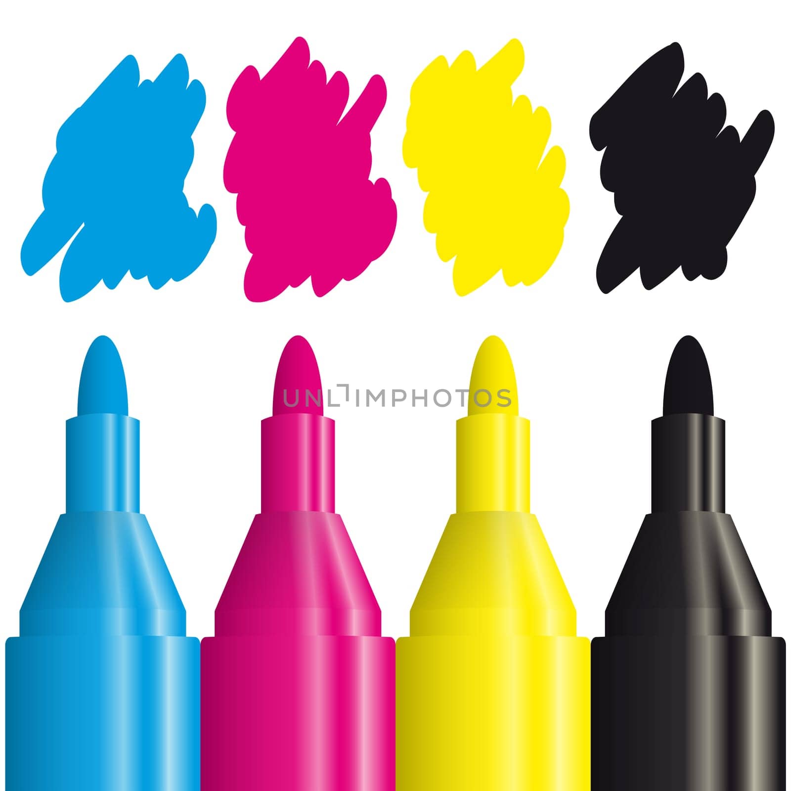 four highlighters with the CMYK color to use for print advertising