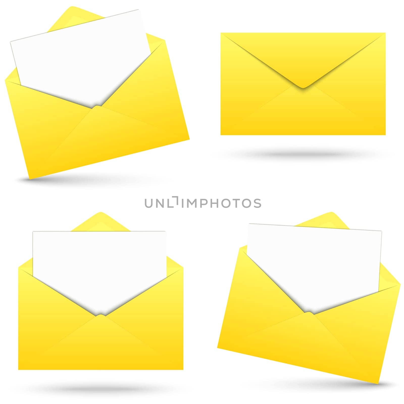 collection of yellow envelopes opened with empty white paper and shadow