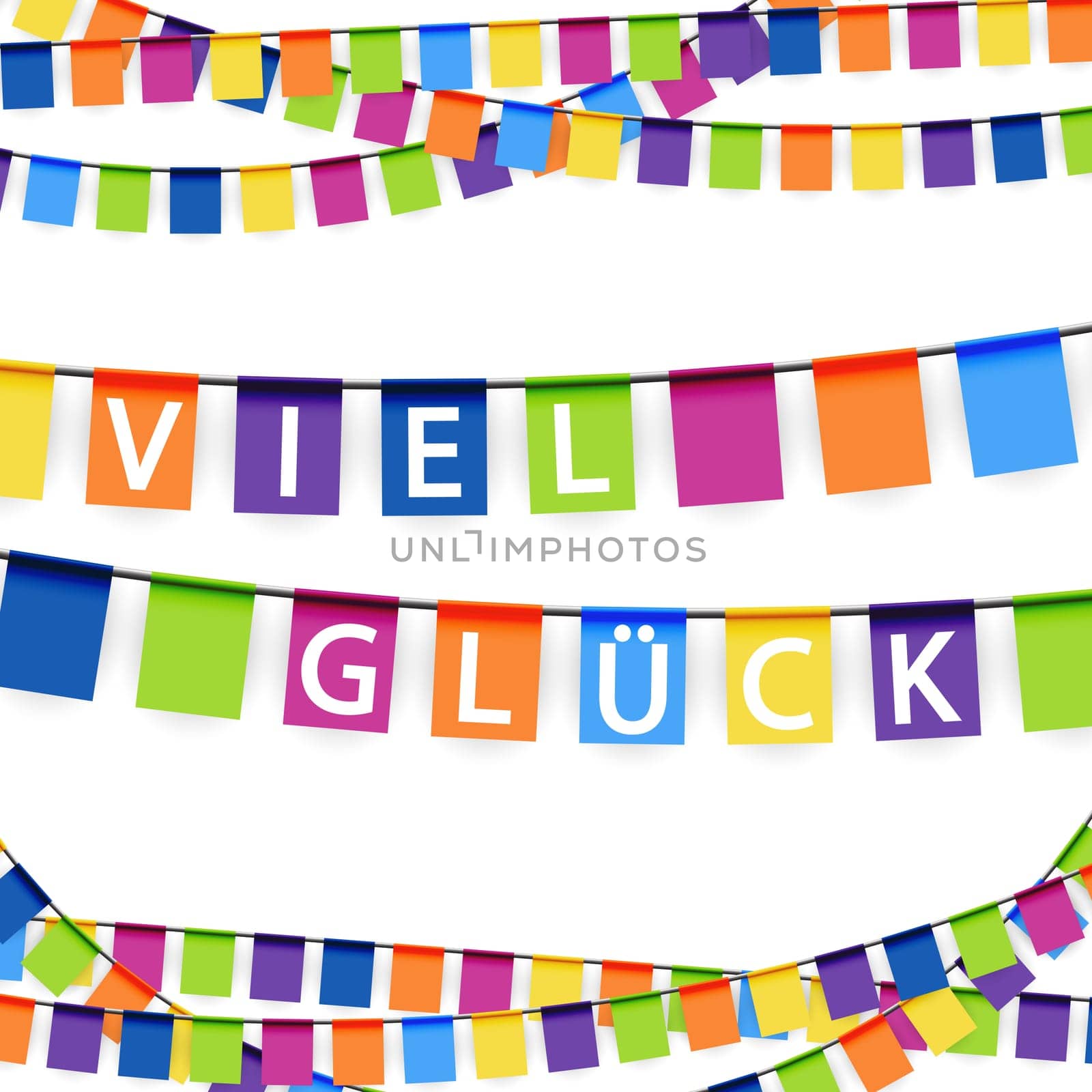 colored garlands background with white text good luck (in english)