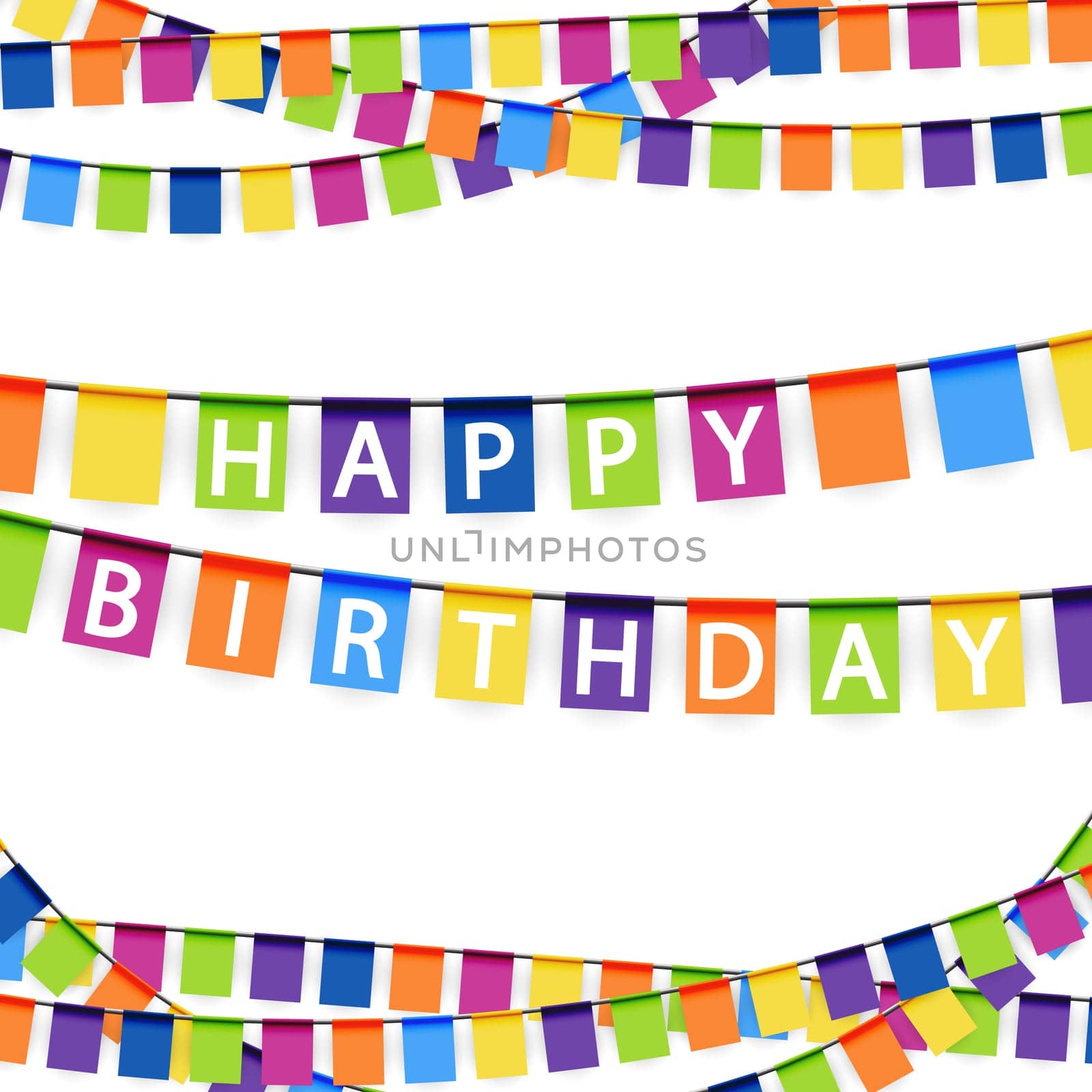 colored garlands background with white text Happy Birthday