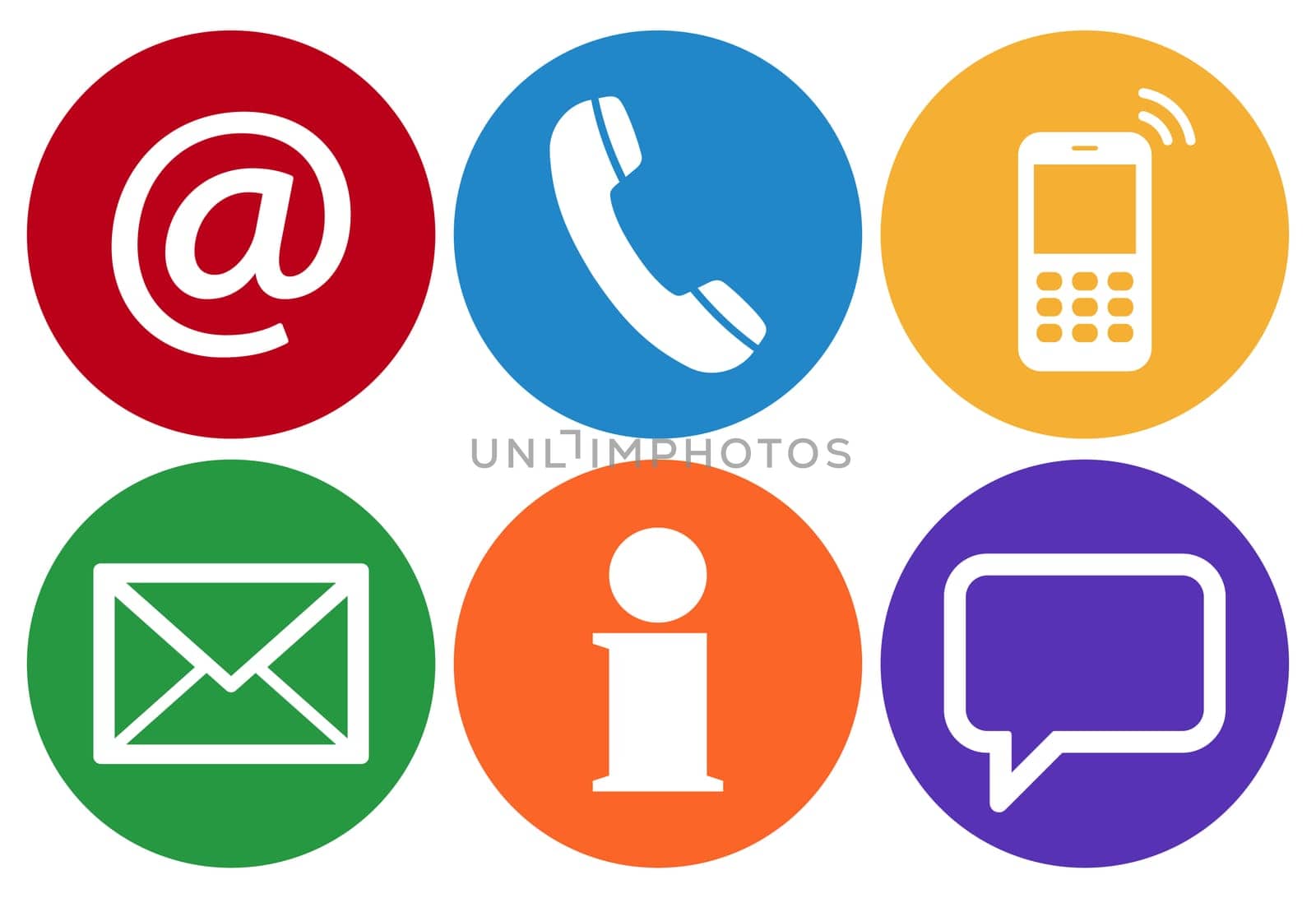 Contact Us,set of six white icons in colored circles