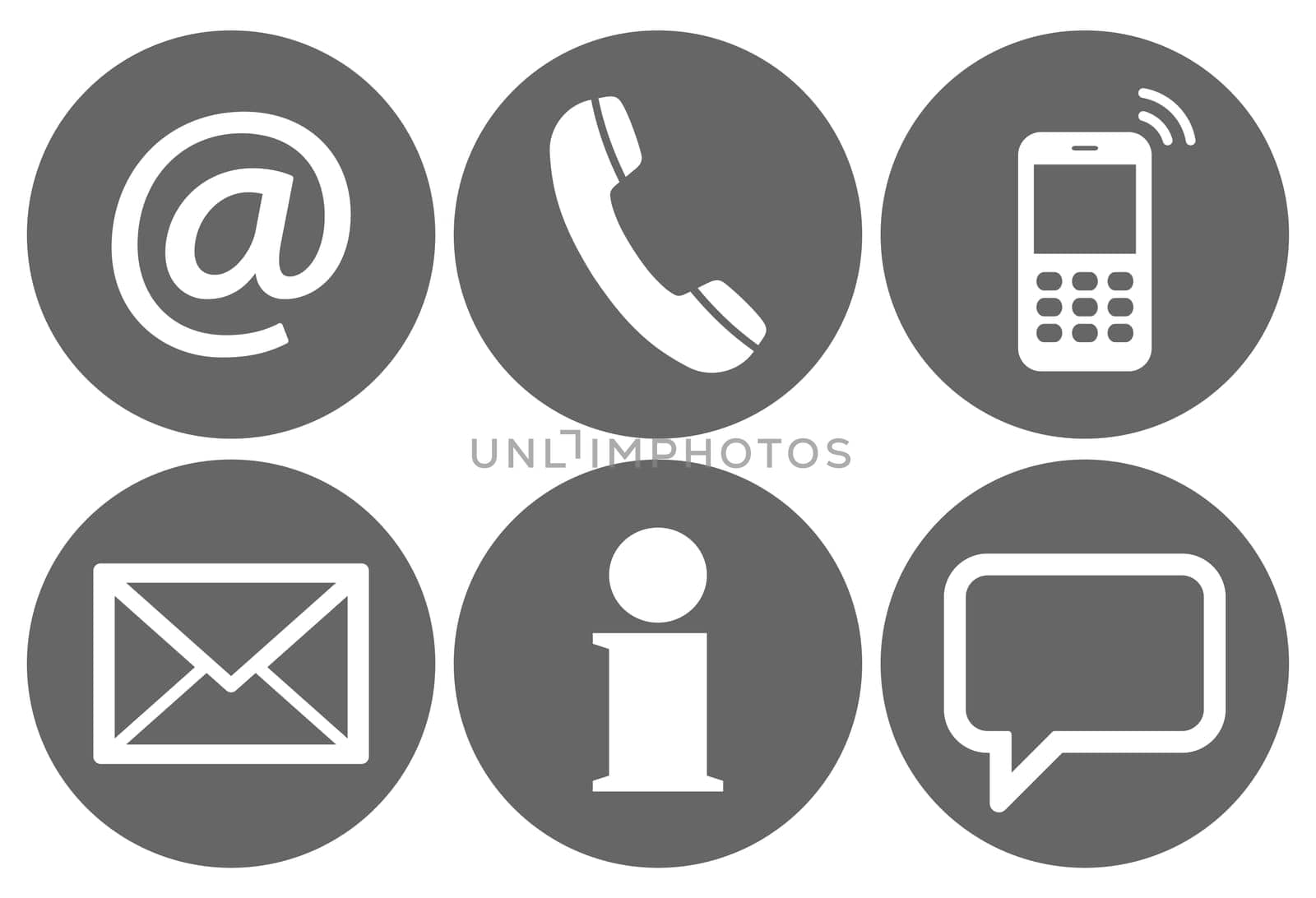Contact Us,set of six white icons in gray circles