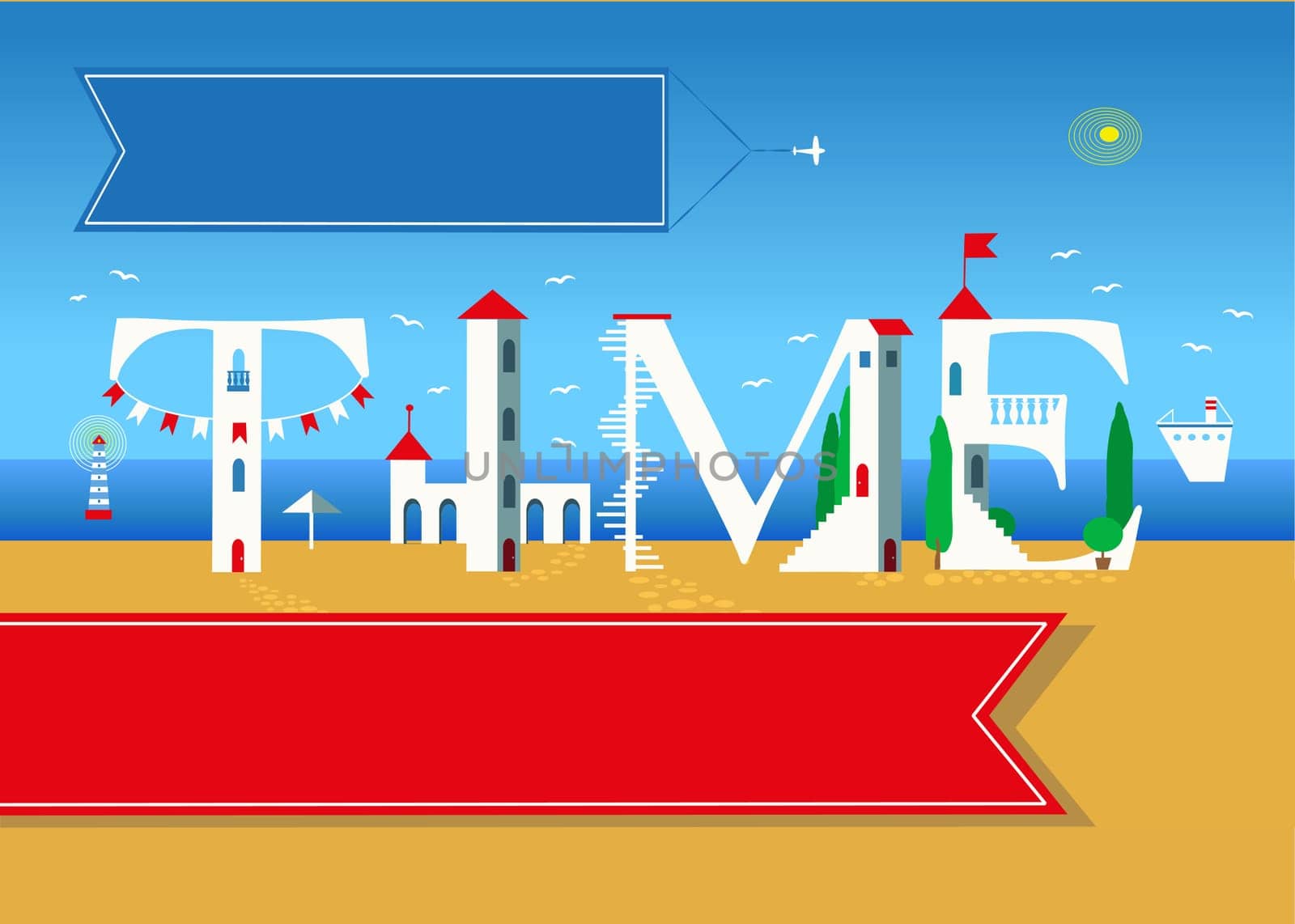Time. Travel card. White buildings on the summer beach. Red banner for custom text. Plane in the sky with blue banner for custom text.