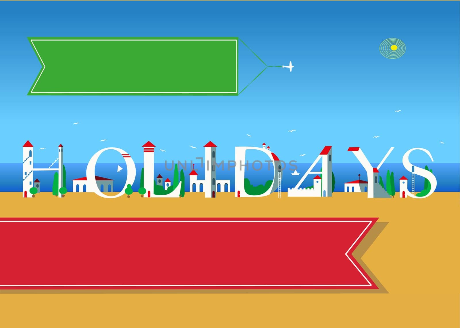 Holidays. Travel card. White buildings on the summer beach. Red banner for custom text. Plane in the sky with green banner for custom text.