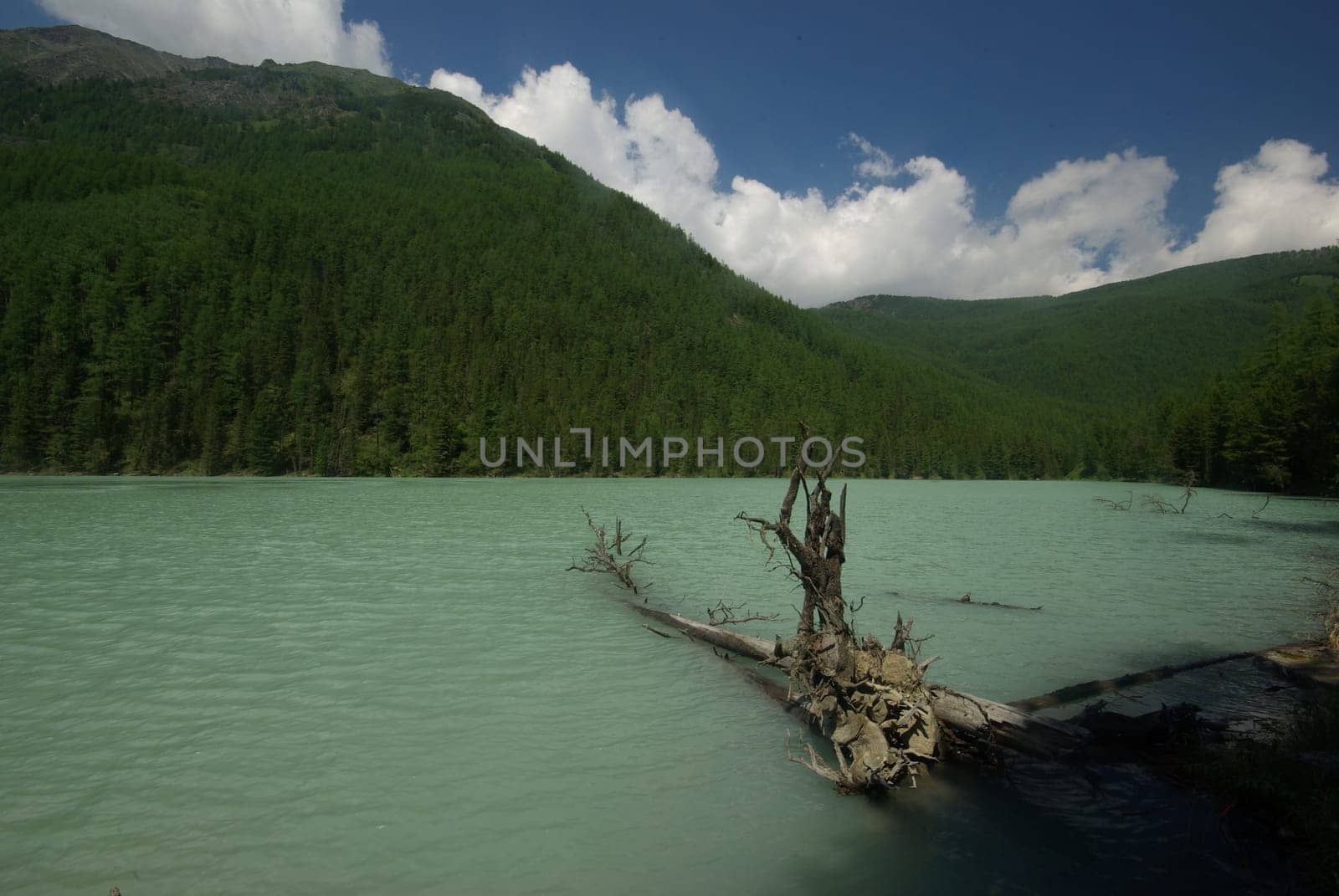 Beautiful mountain landscape near the lake. Mountain Lake. Kind of mountainous terrain and the water in the valley.