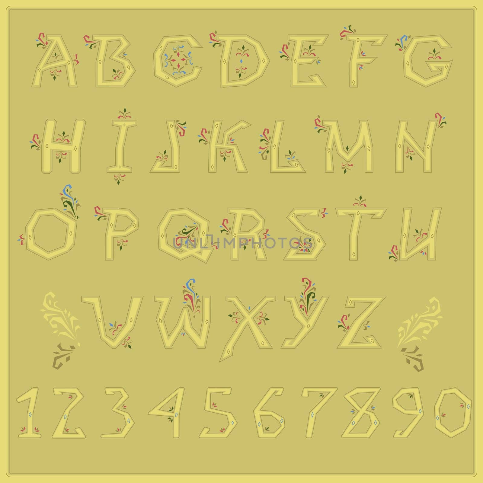 Country Floral font. Folk artistic alphabet. Yellow letters with red and green floral decor.  Illustration.