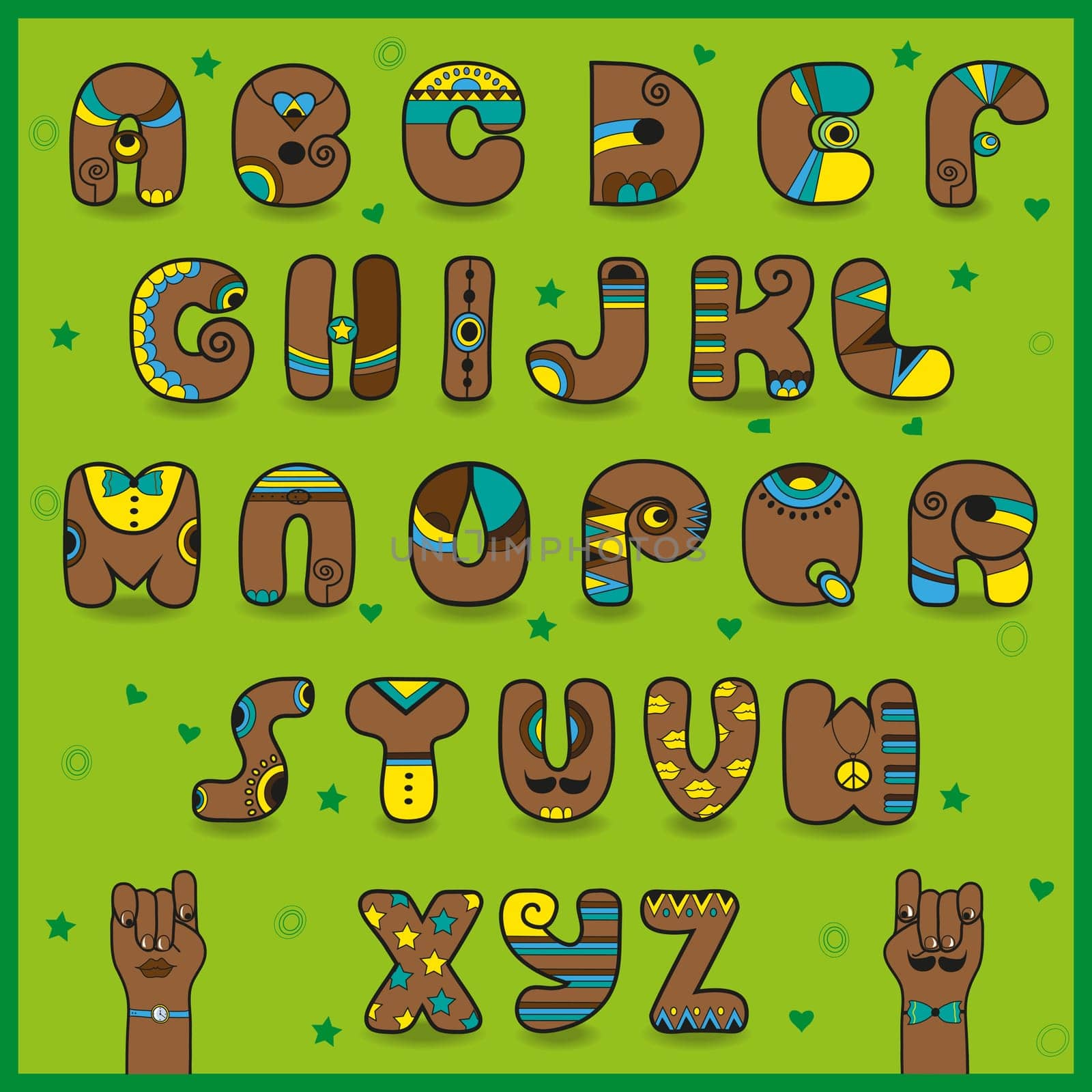 Chocolate artistic font. Funny brown symbolswith bright yellow and blue parts. Cartoon hands looking at each other.  Illustration.