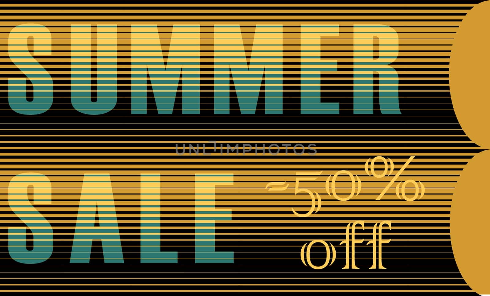 Summer Sale Inscription. Fifty percents off. Striped yellow blue letters.  Illustration.