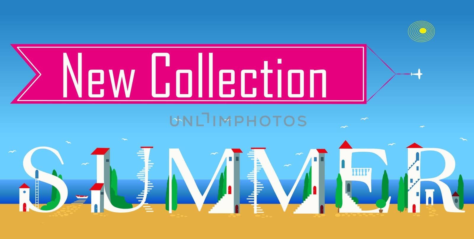 Inscription New collection. Summer. Artistic font. Cute white houses on the coast. Red banner for custom text with plane in the sky.  Illustration.