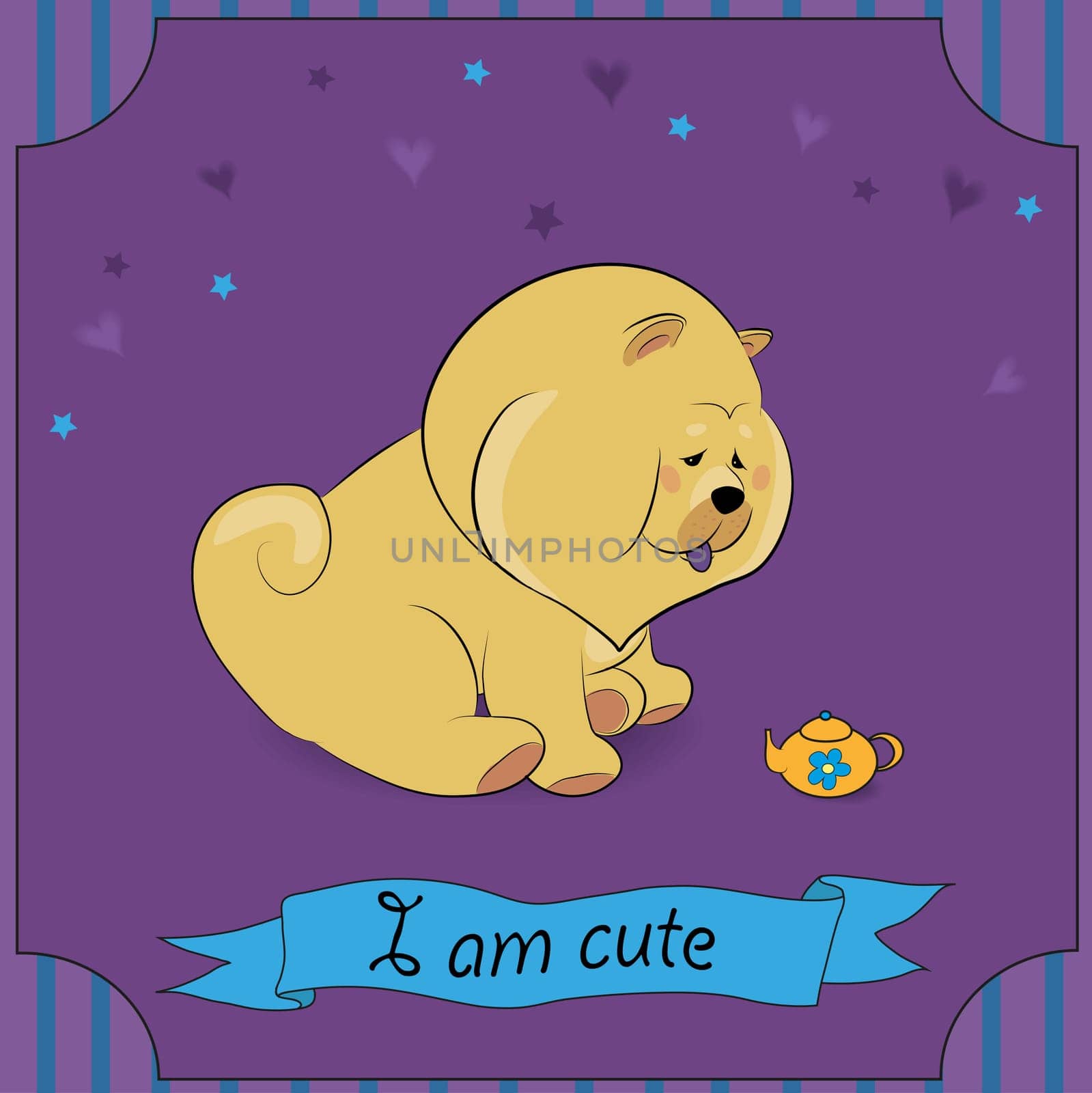 Cute yellow puppy Chow-chow with yellow teapot. Vintage card. Striped frame. Stars and hearts. Purple background. Blue banner for custom text. I am cute inscription.  Illustration.