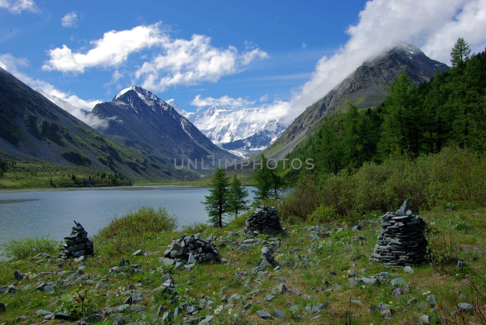 Mountain landscape. Highlands, the mountain peaks, gorges and valleys. The stones on the slopes.