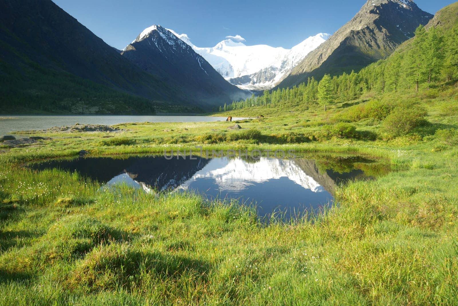 Beautiful mountain landscape near the lake. Mountain Lake. Kind of mountainous terrain and the water in the valley.