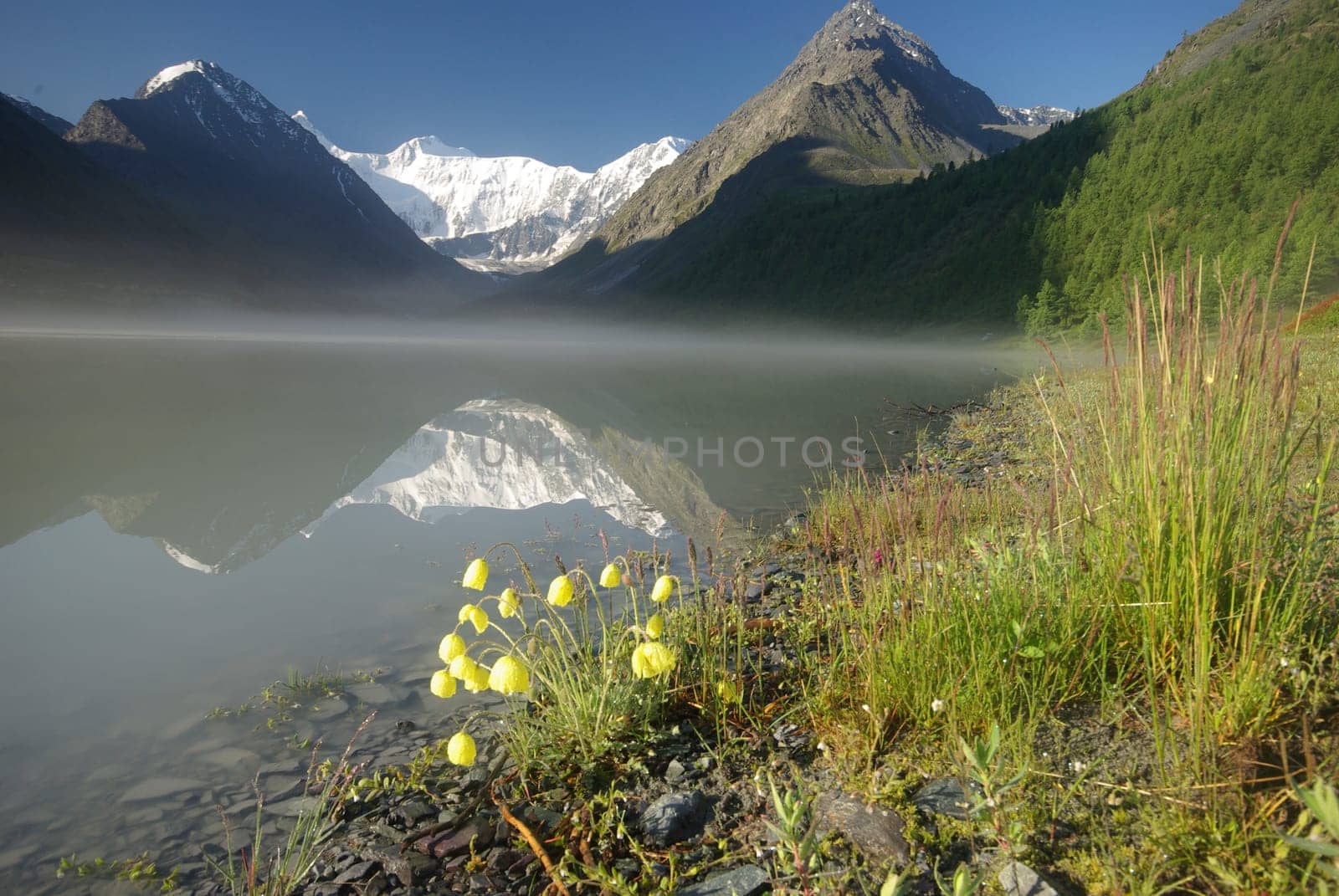 Beautiful mountain landscape near the lake. Mountain Lake. Kind of mountainous terrain and the water in the valley.