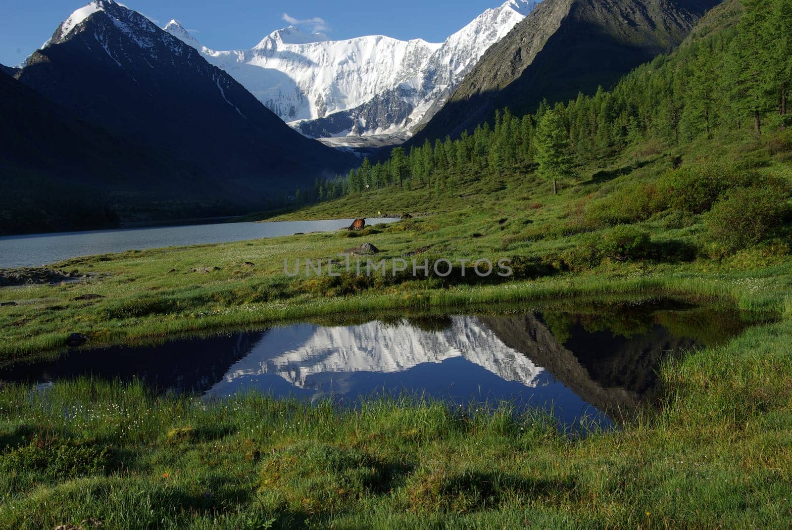 Beautiful mountain landscape near the lake. Mountain Lake. Kind of mountainous terrain and the water in the valley.