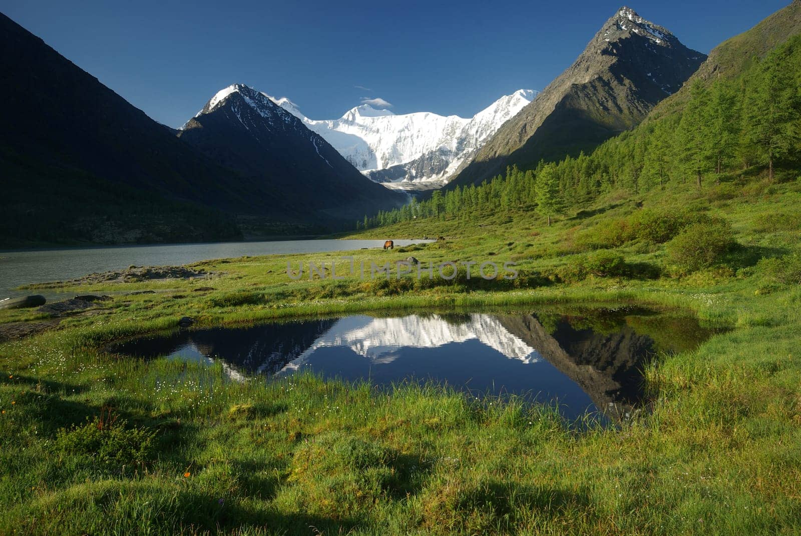Beautiful mountain landscape near the lake. Mountain Lake. Kind of mountainous terrain and the water in the valley.