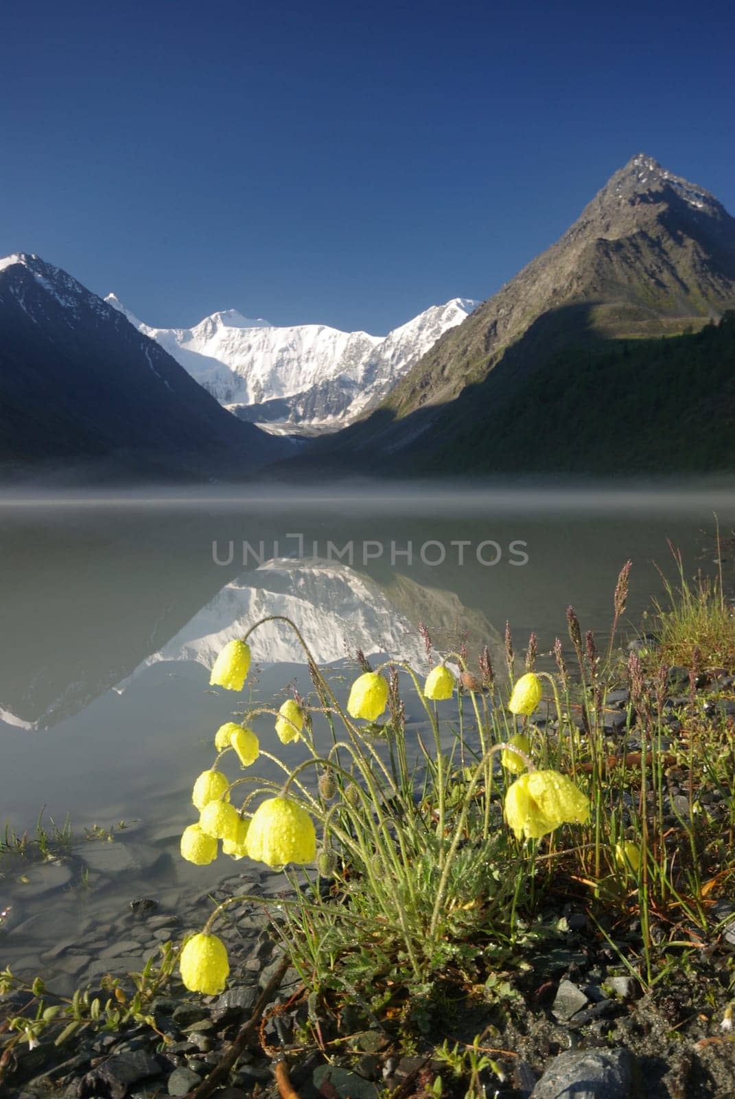 Beautiful mountain landscape near the lake. Mountain Lake. Kind of mountainous terrain and the water in the valley.