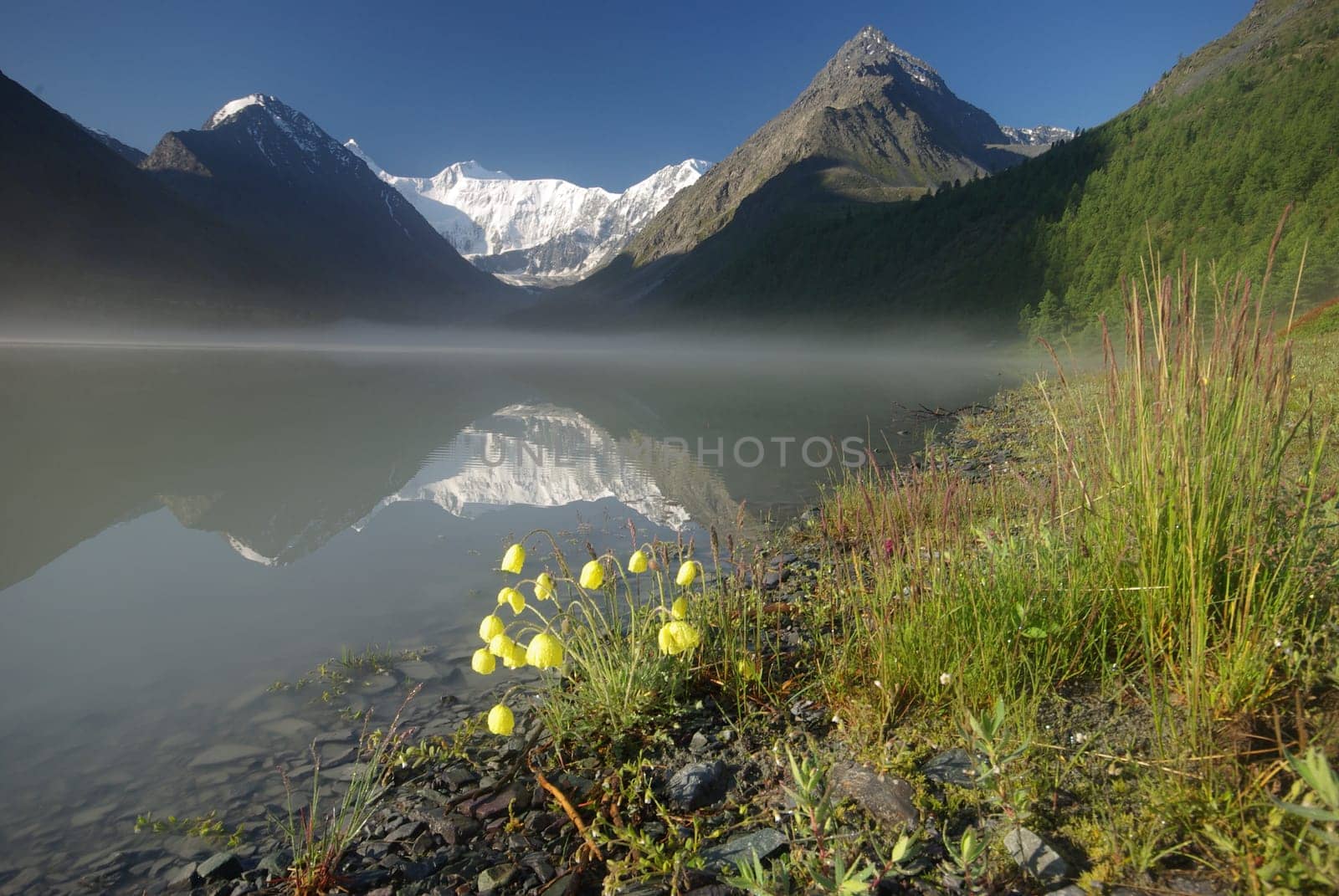 Beautiful mountain landscape near the lake. Mountain Lake. Kind of mountainous terrain and the water in the valley.