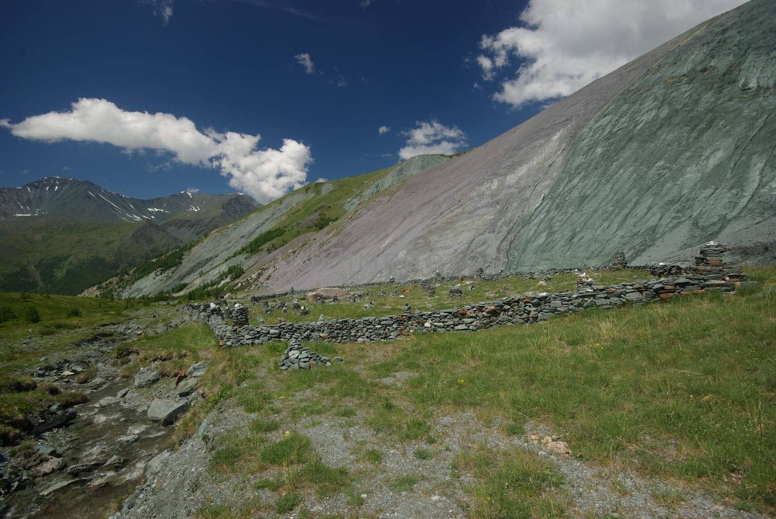 Mountain landscape. Highlands, the mountain peaks, gorges and valleys. The stones on the slopes.