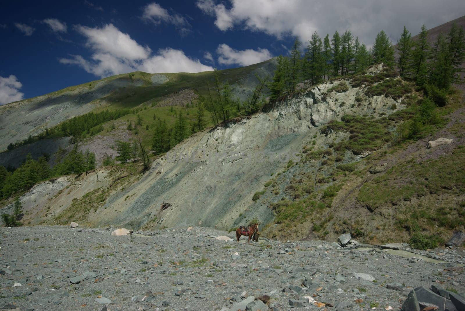 Mountain landscape. Highlands, the mountain peaks, gorges and valleys. The stones on the slopes.