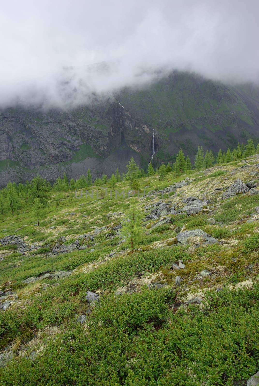 Mountain landscape. Highlands, the mountain peaks, gorges and valleys. The stones on the slopes.