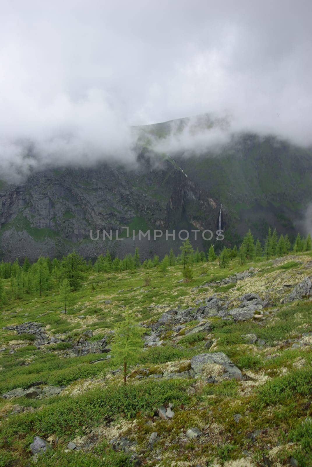 Mountain landscape. Highlands, the mountain peaks, gorges and valleys. The stones on the slopes.