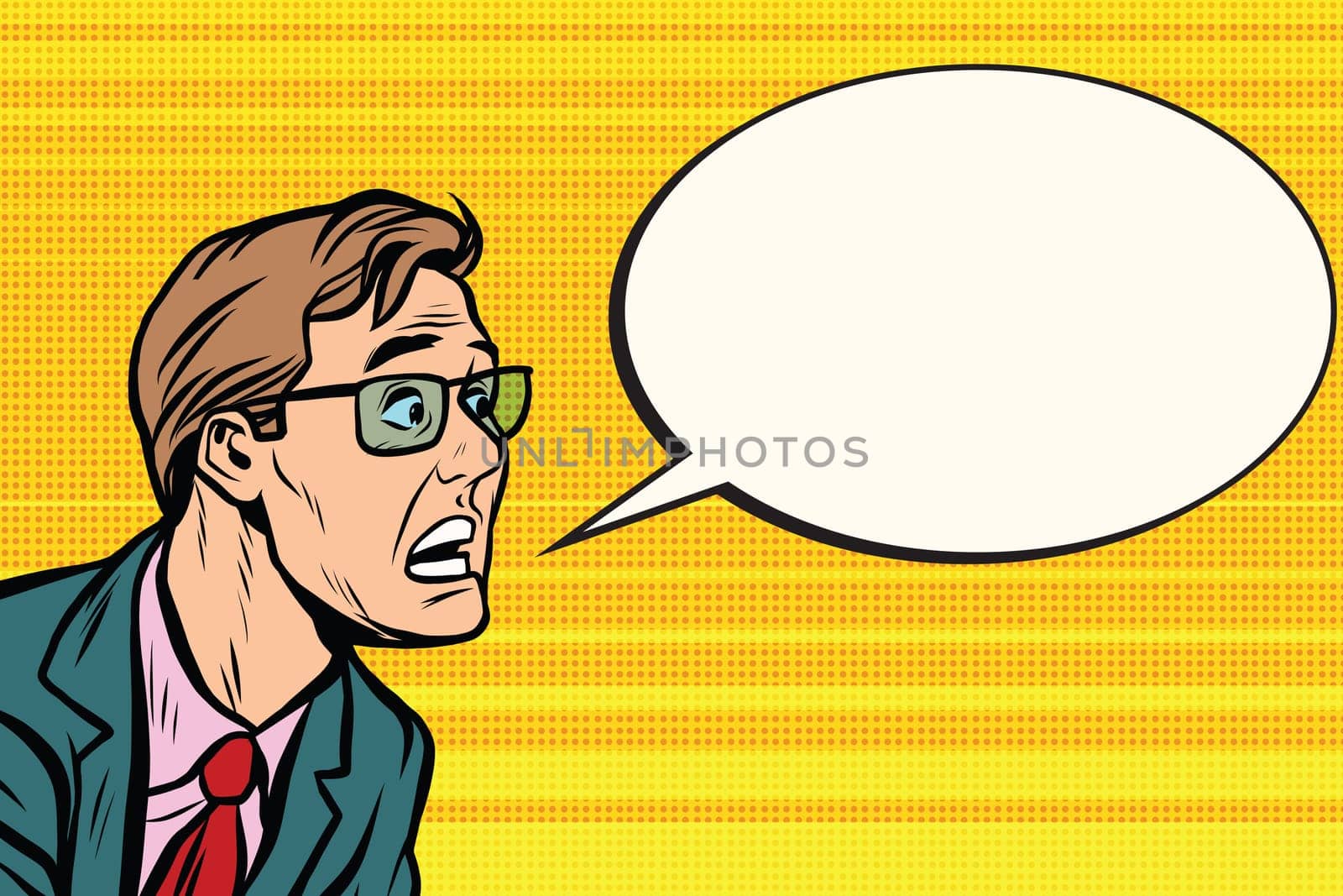 The man in glasses face panic. Pop art retro vector illustration