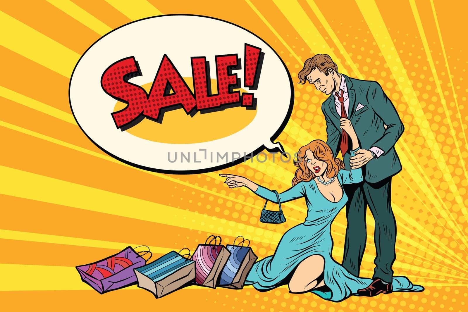 Wife and husband on sale. Pop art retro vector illustration. Business and shops