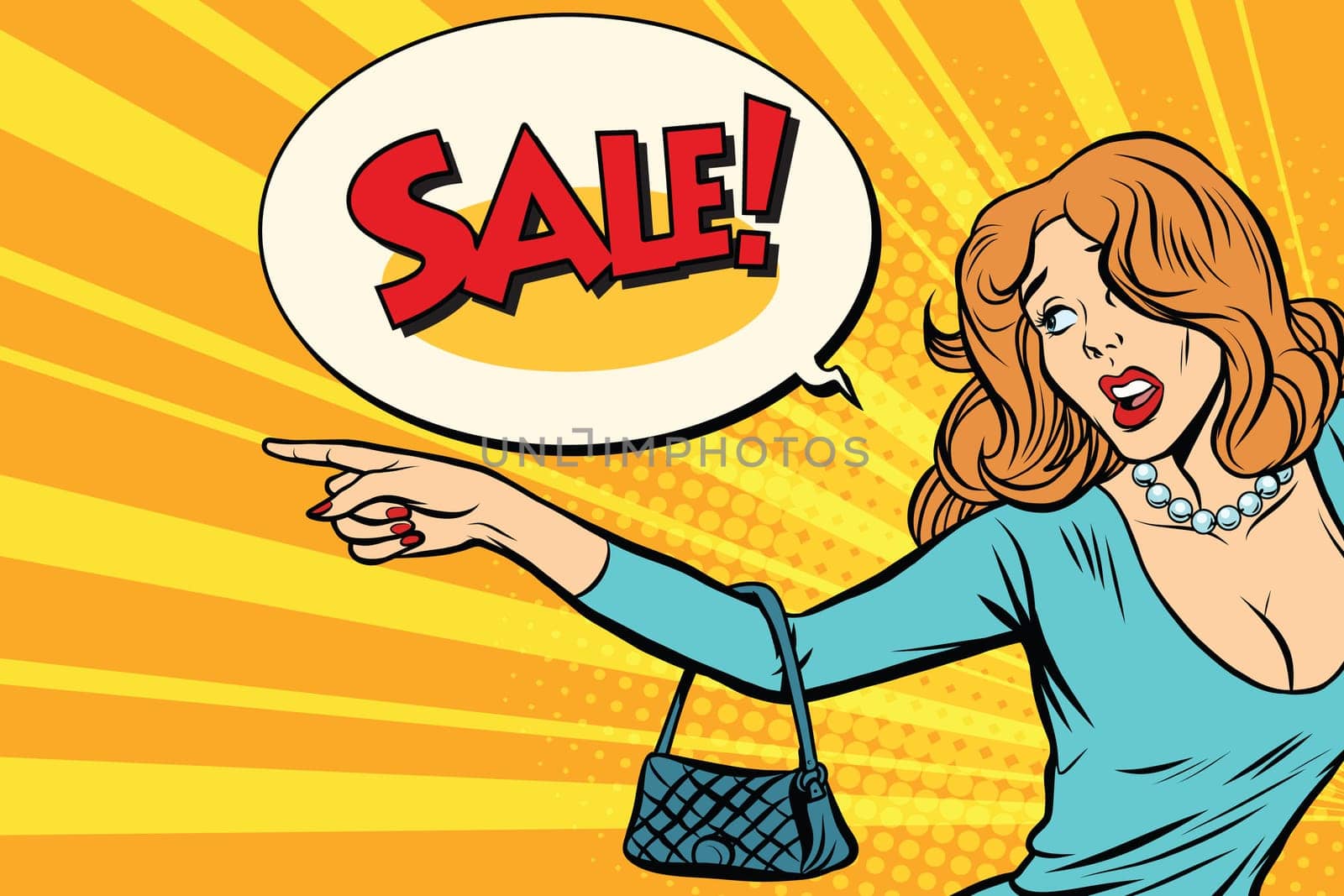 The woman indicates sales. Pop art retro vector illustration