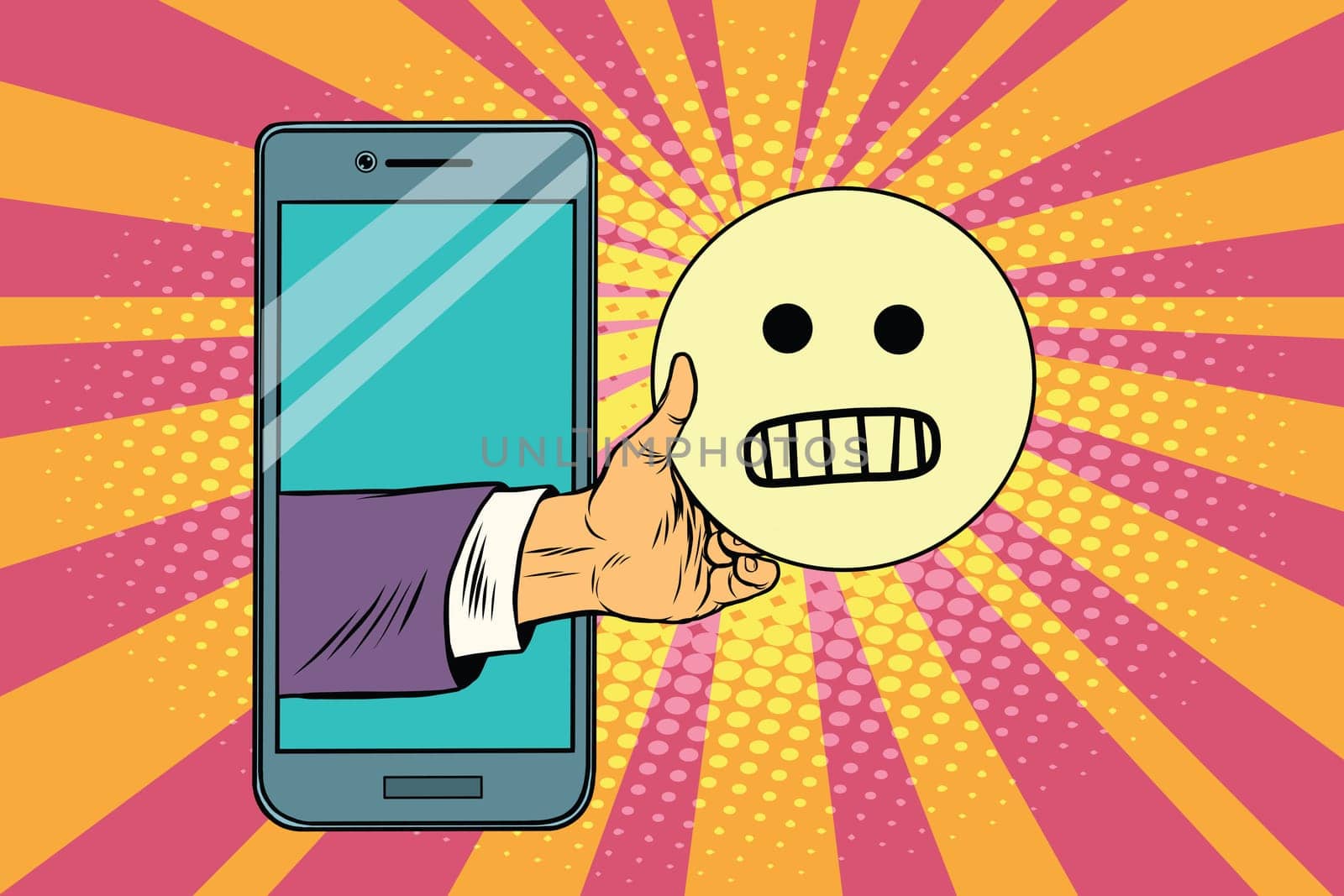 evil smile emoji emoticons in smartphone. Pop art retro vector illustration