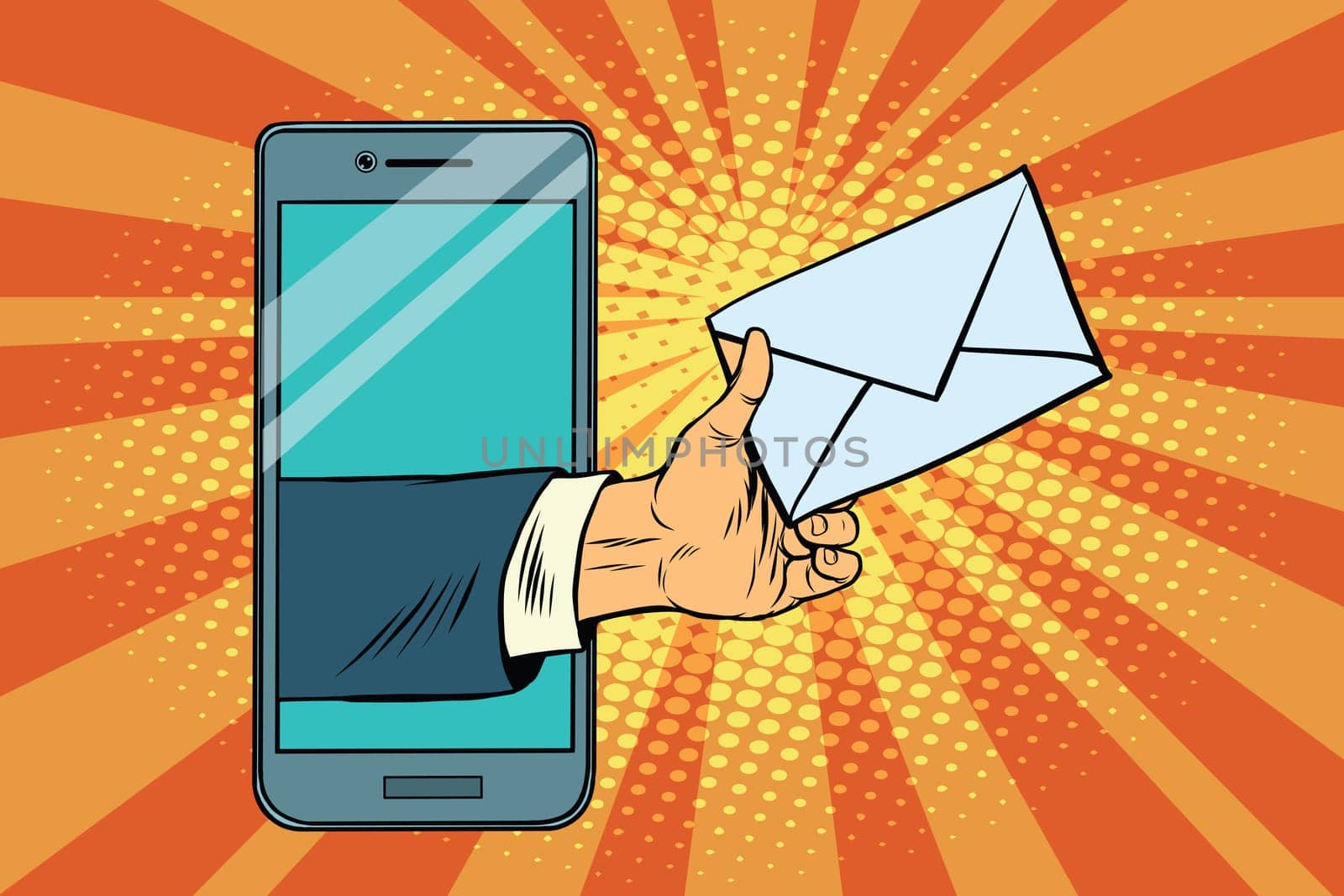 You email or a message in smartphone. Pop art retro vector illustration