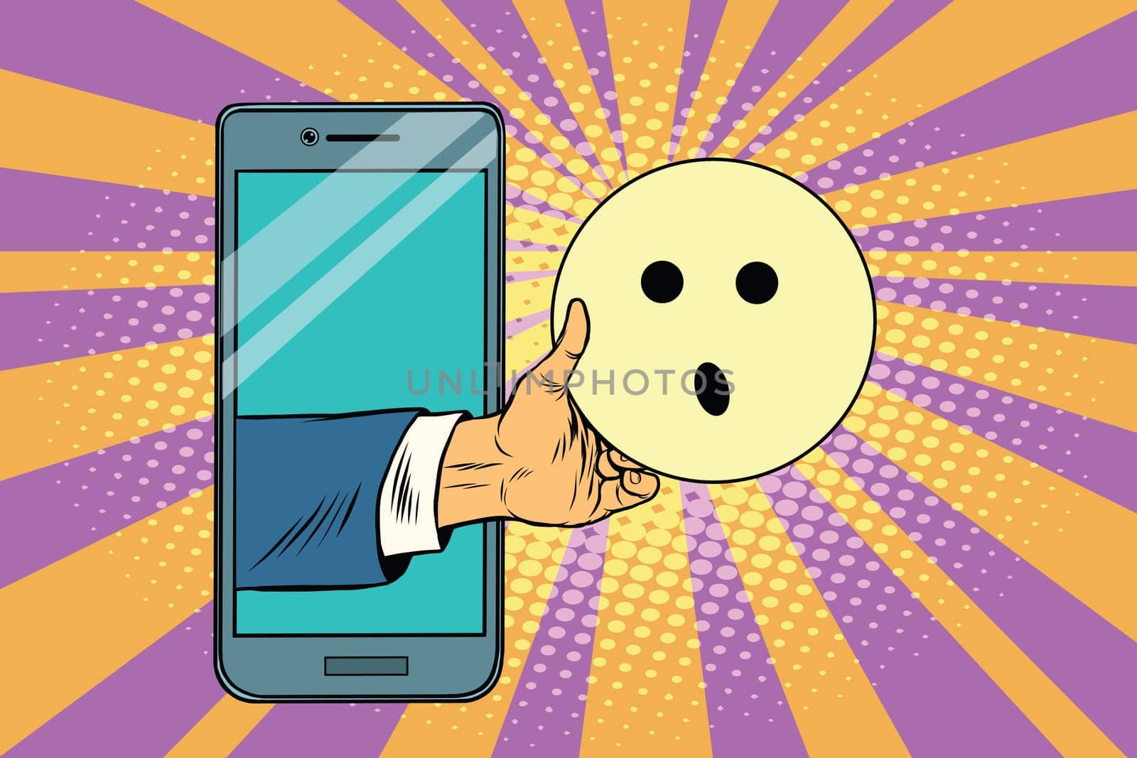 surprise emoji emoticons in smartphone. Pop art retro vector illustration