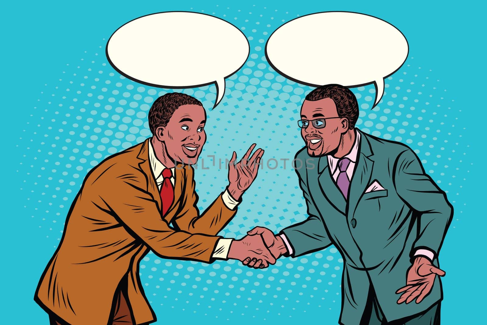 Business negotiations businesspeople shaking hands. Pop art retro vector illustration. African American people