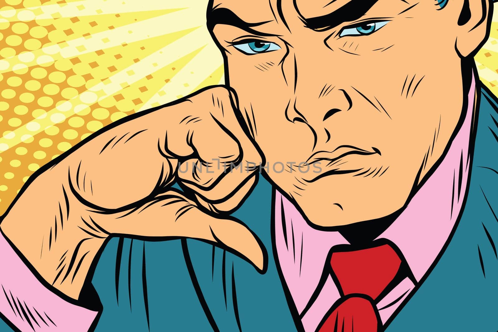 Close-up face of a man thinker. Pop art retro vector illustration