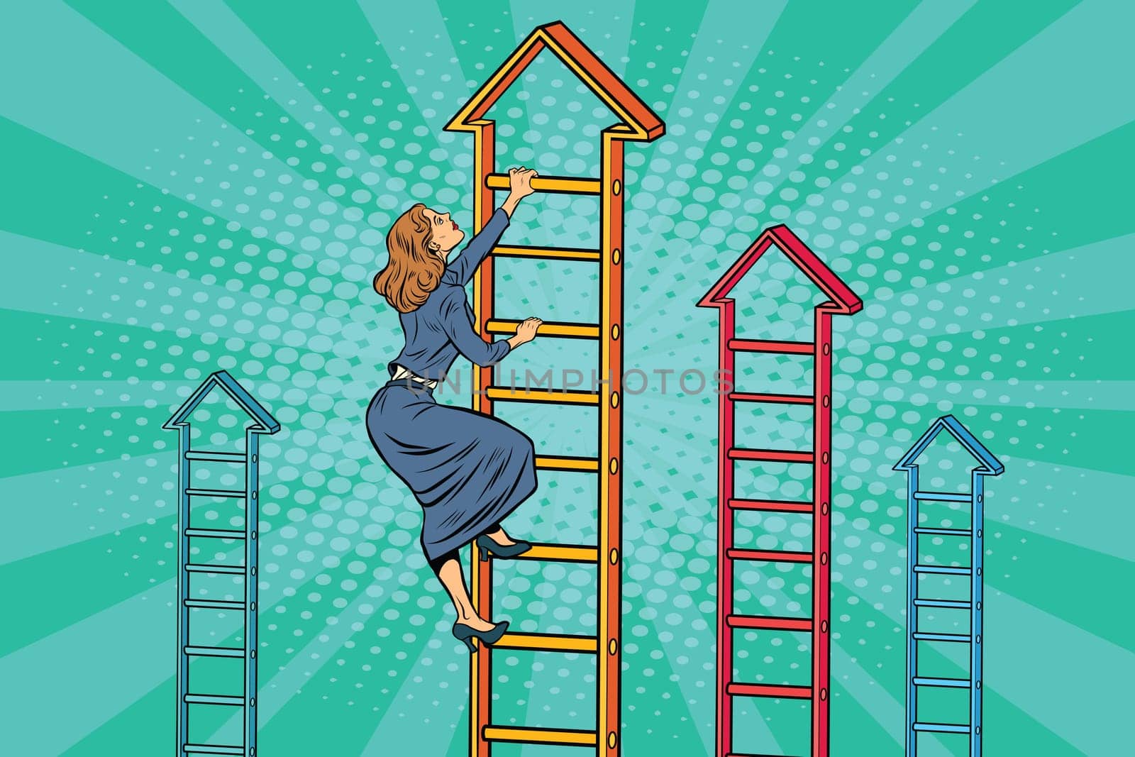 Businesswoman climbing up the business ladder. Pop art retro vector illustration