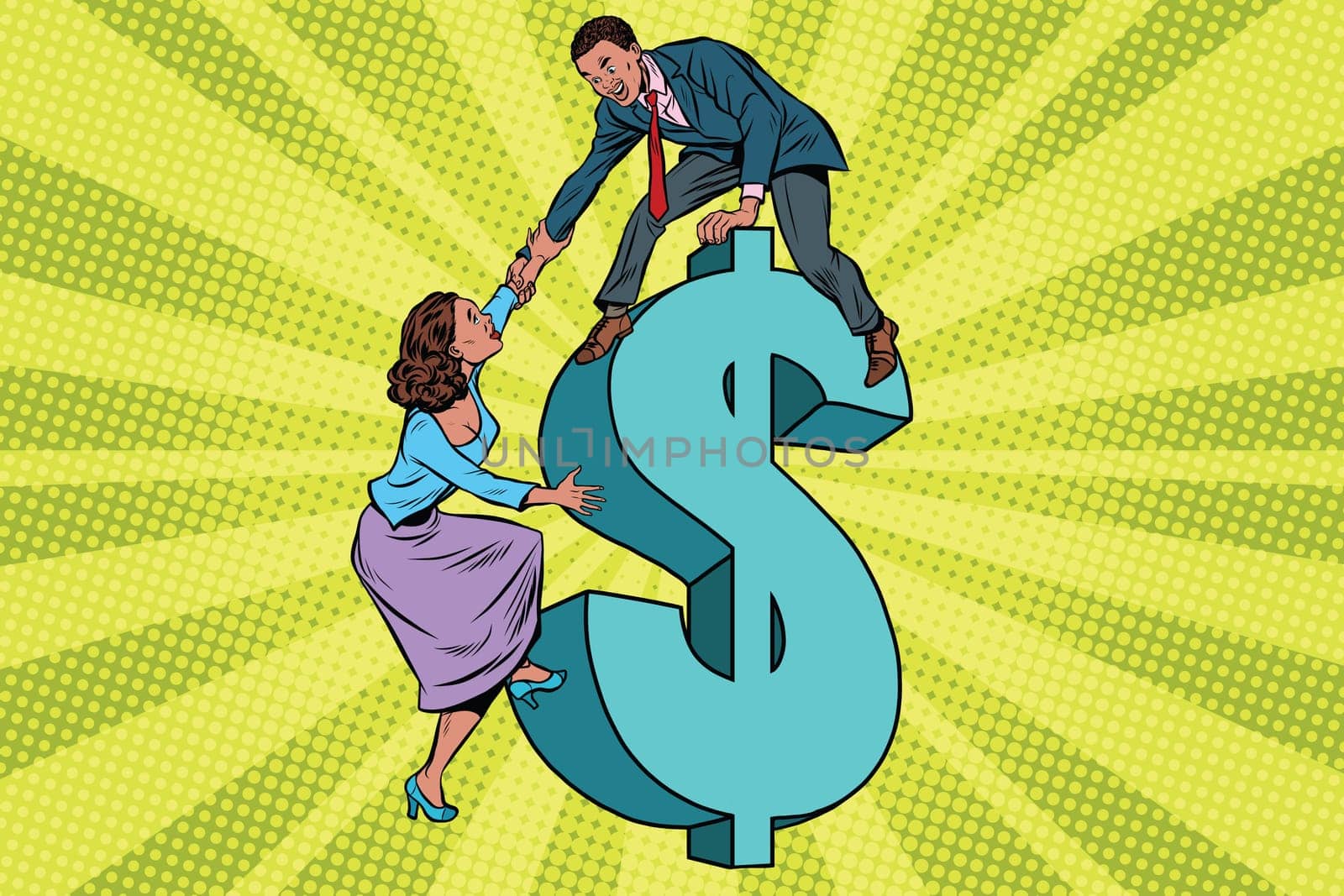 Business team scrambles on the dollar. Pop art retro vector illustration. Family finances. African American people
