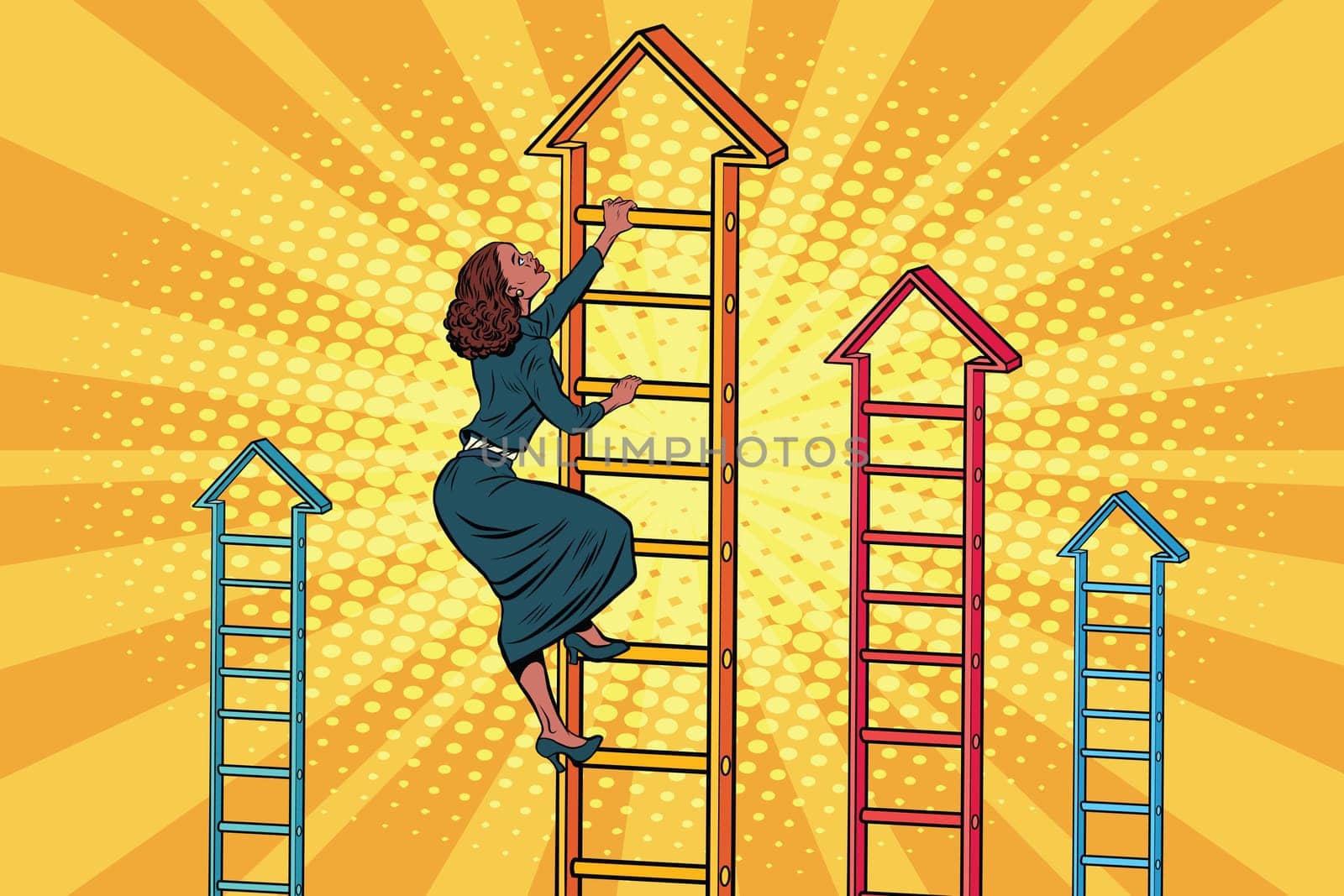 Businesswoman climbing up the business ladder. Pop art retro vector illustration. African American people