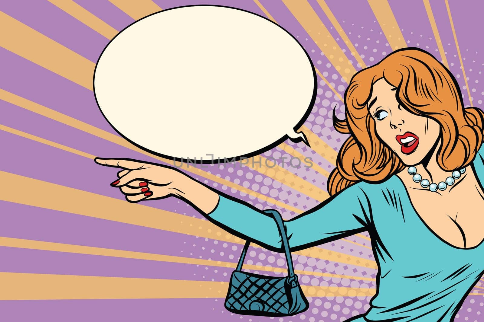 Sexy woman shows to the side. Pop art retro vector illustration