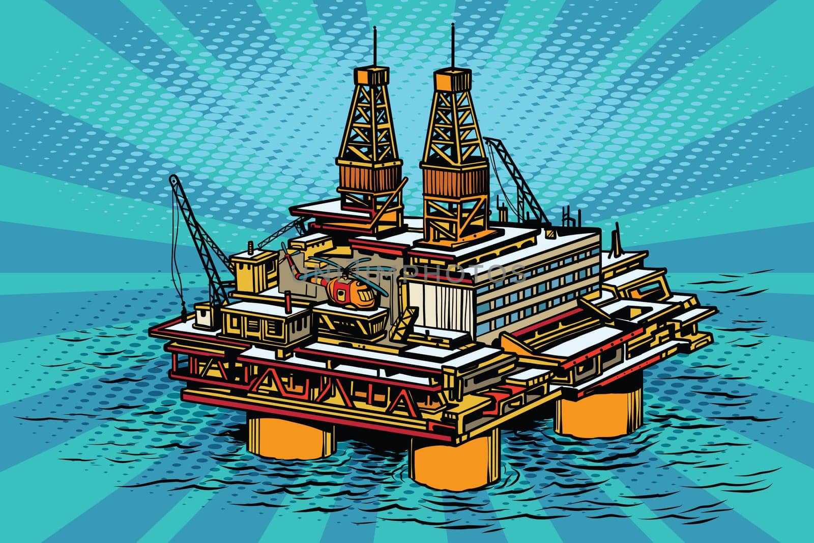 Oil and gas producing offshore platform. Pop art retro vector illustration