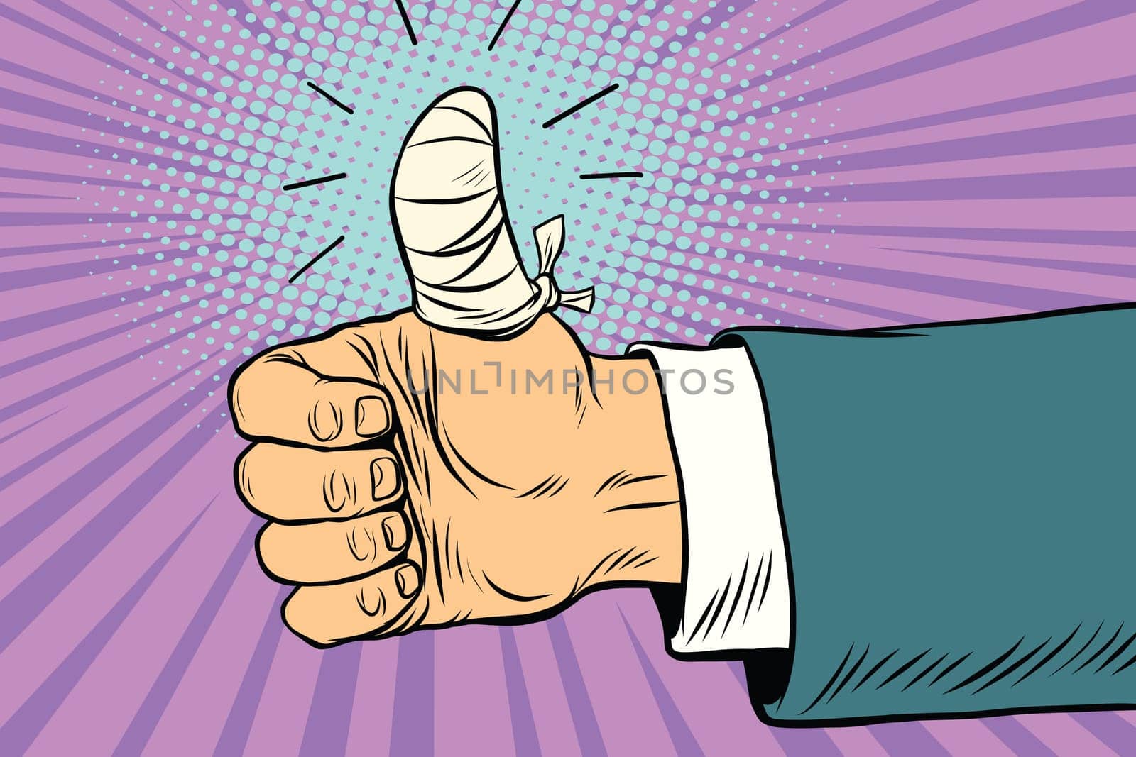 Bandaged finger up, like approval gesture. Pop art retro vector illustration