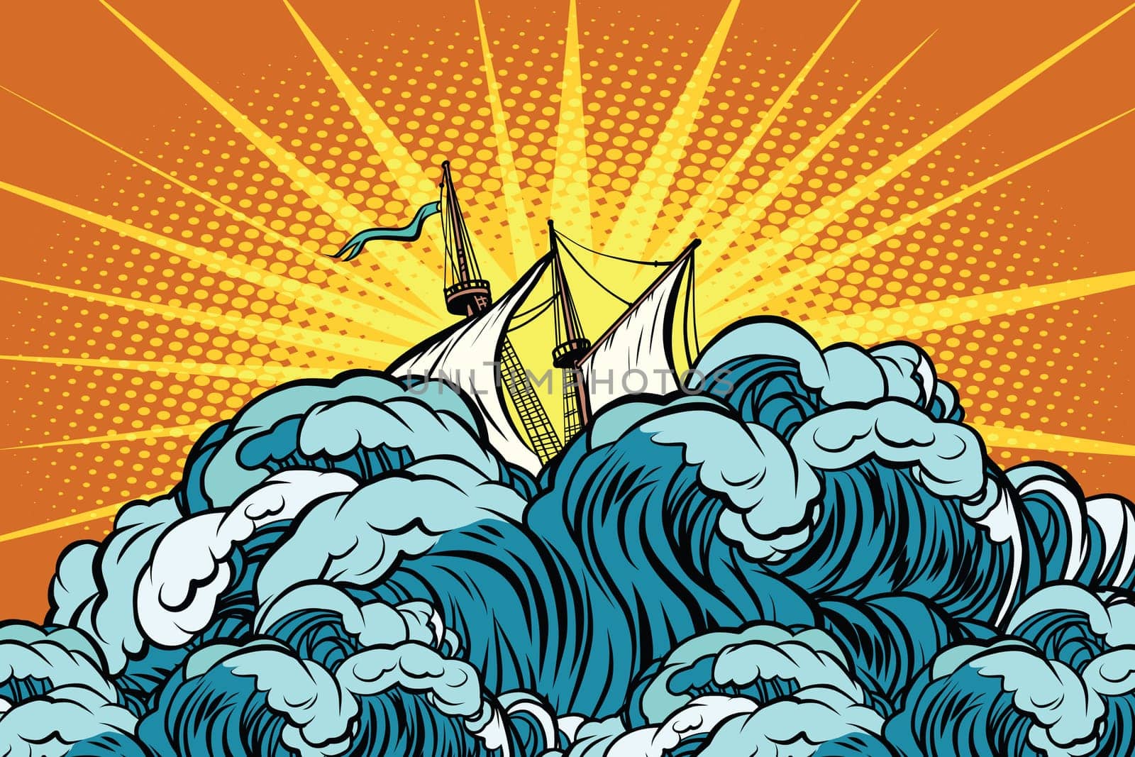 Retro sailing ship sinks in stormy waves. The sea and the ocean. Weather and the elements. Pop art retro vector illustration