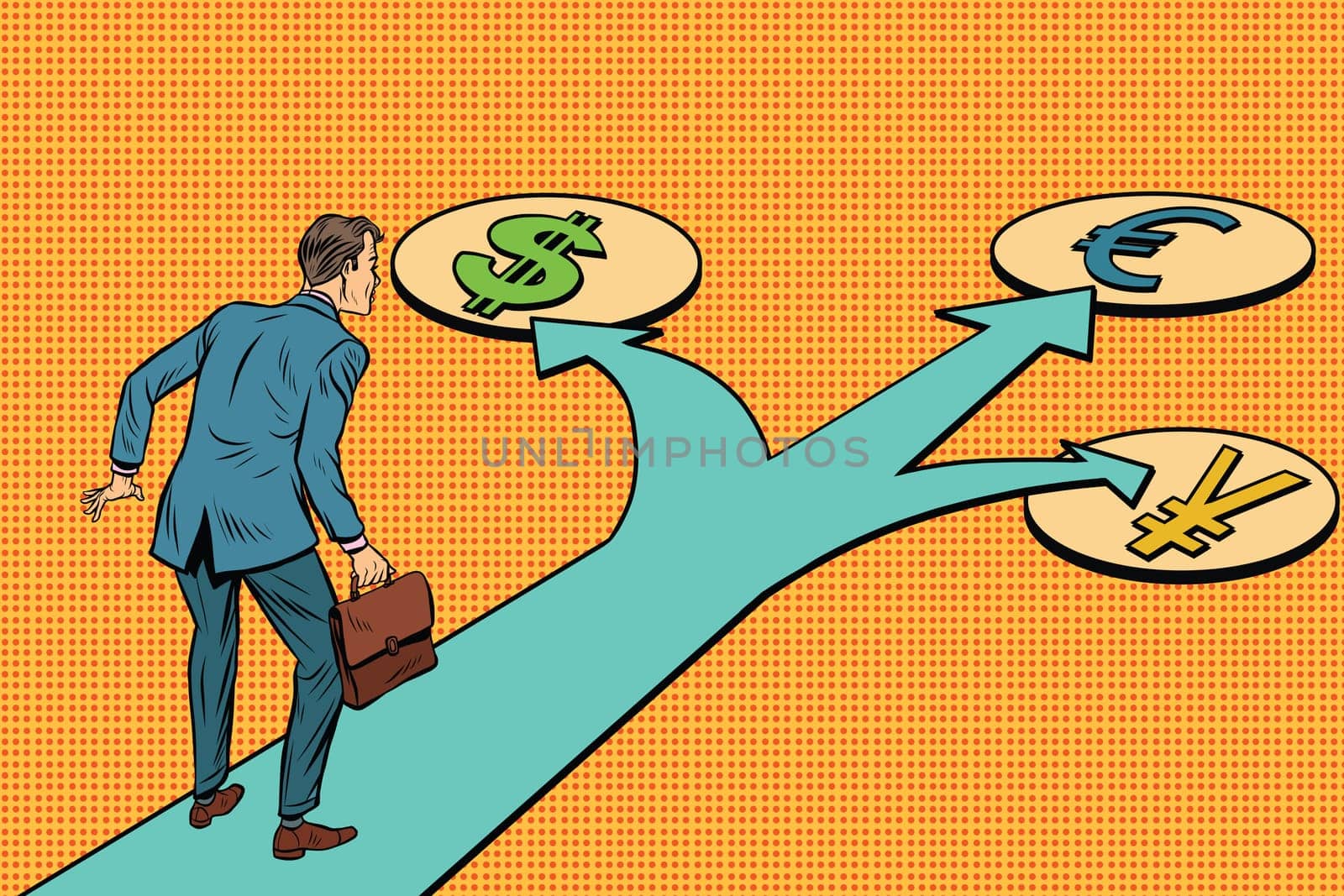 Financial crossroads, a choice of currencies. Pop art retro vector illustration
