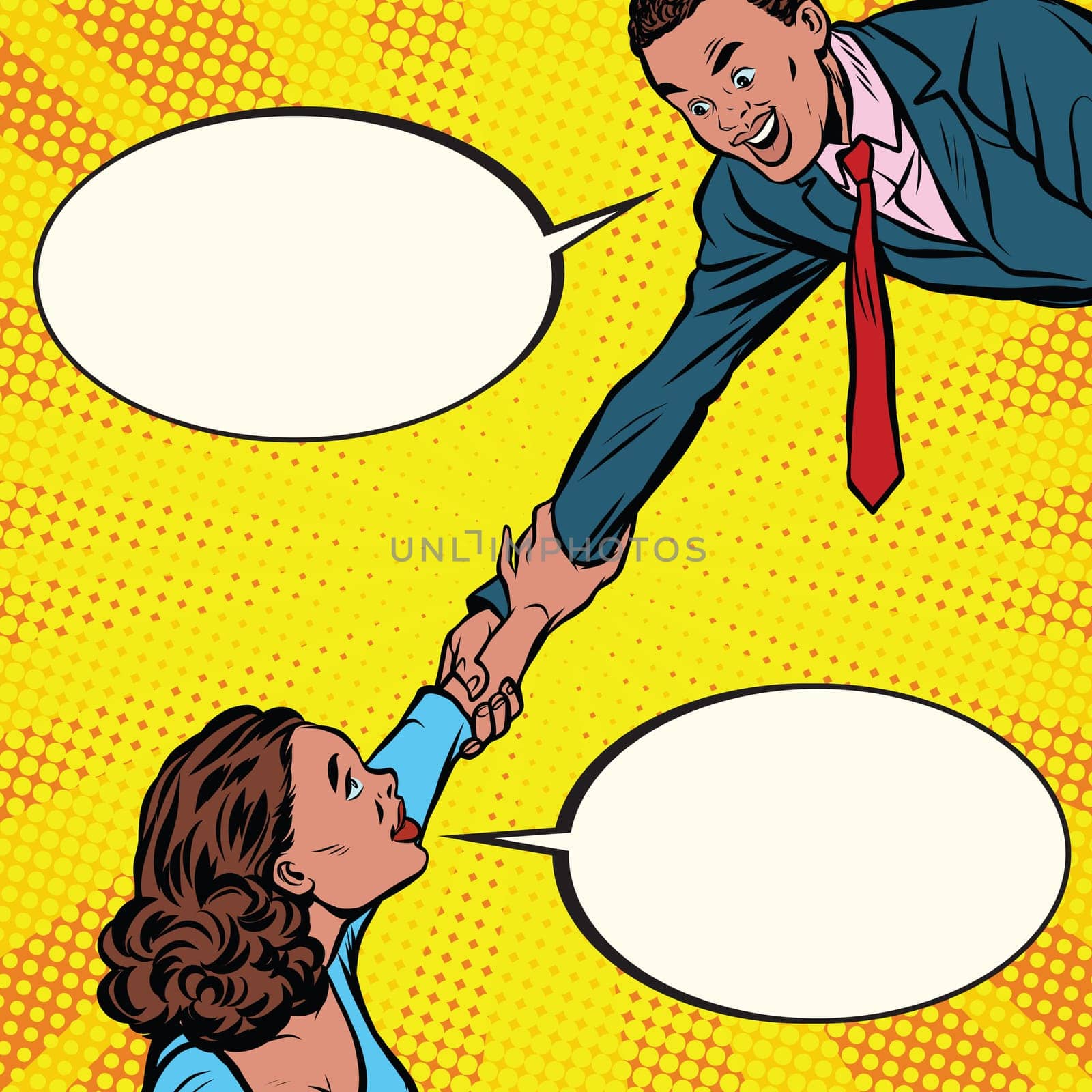 African American man rescues a woman. Pop art retro vector illustration