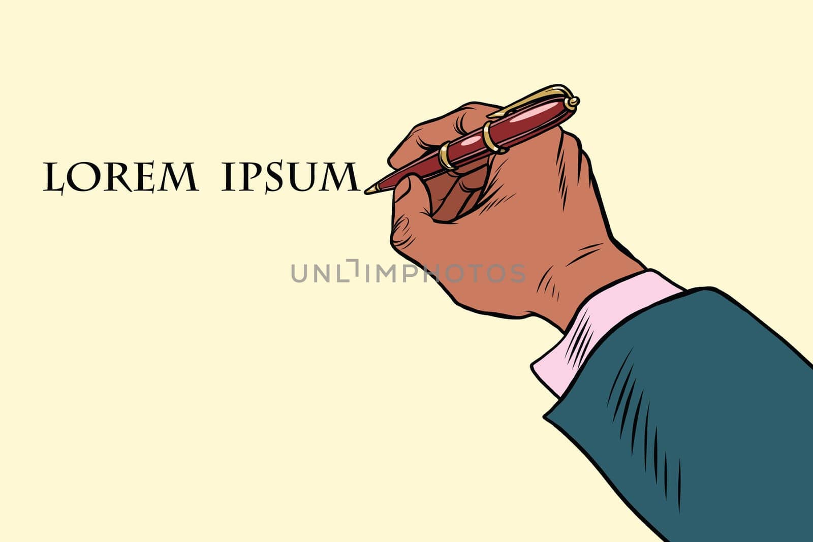 Businessman signs a document with a pen. Pop art retro vector illustration