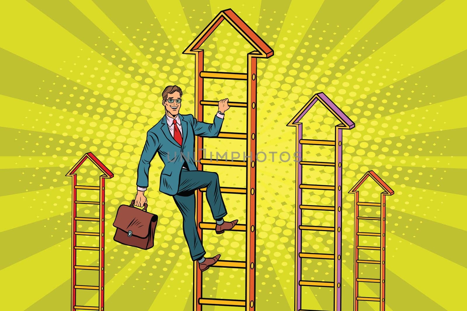 Businessman climbs up the stairs. Pop art retro vector illustration