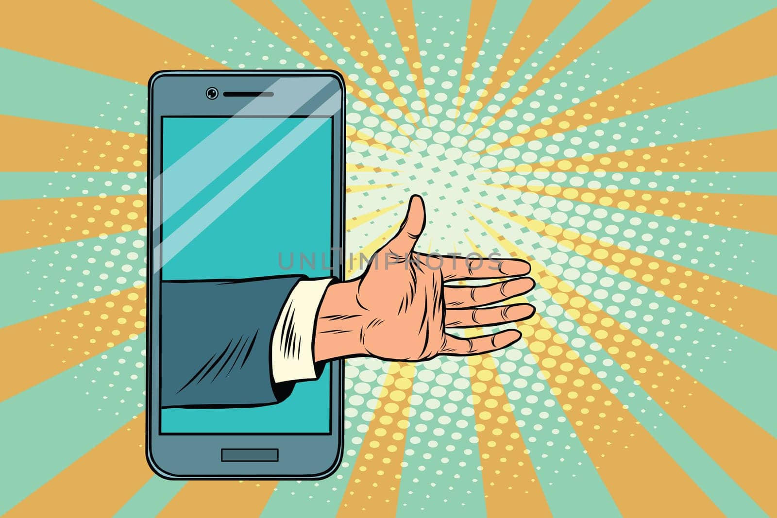 Greeting handshake open palm in the smartphone. Pop art retro vector illustration