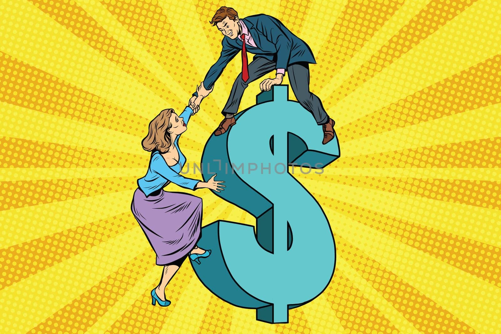 Business team scrambles on the dollar. Pop art retro vector illustration. Family finances