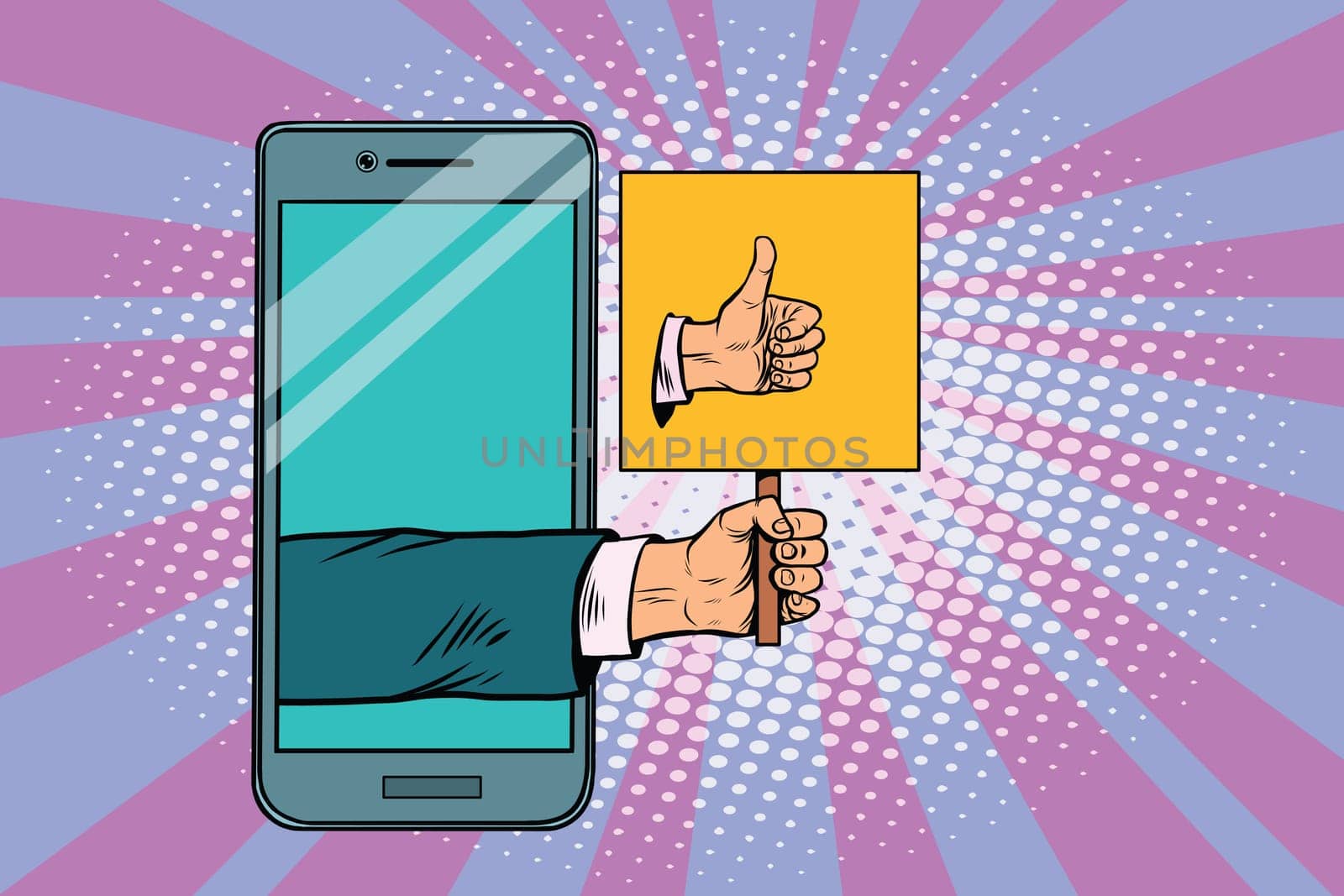 Thumb up gesture smartphone. Pop art retro vector illustration. Like in the social network